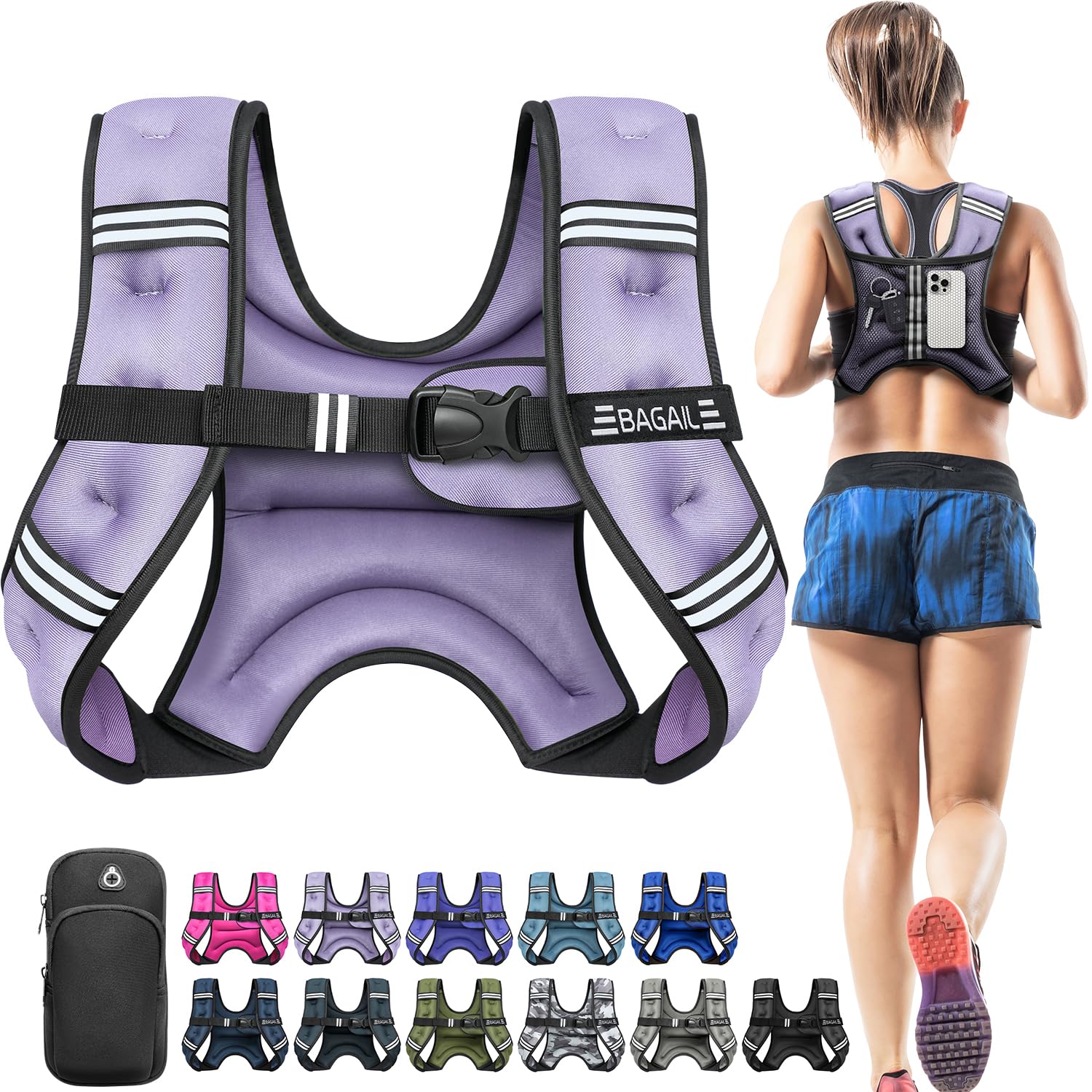 BAGAIL Comfort-Fit Weighted Vest for Woman, Even Weight Distribution, Faster Weight Loss, No-Chafe or Bounce for Walking & Running with Detachable Phone Pouch & Reflective Stripes (Available 5-30lbs)