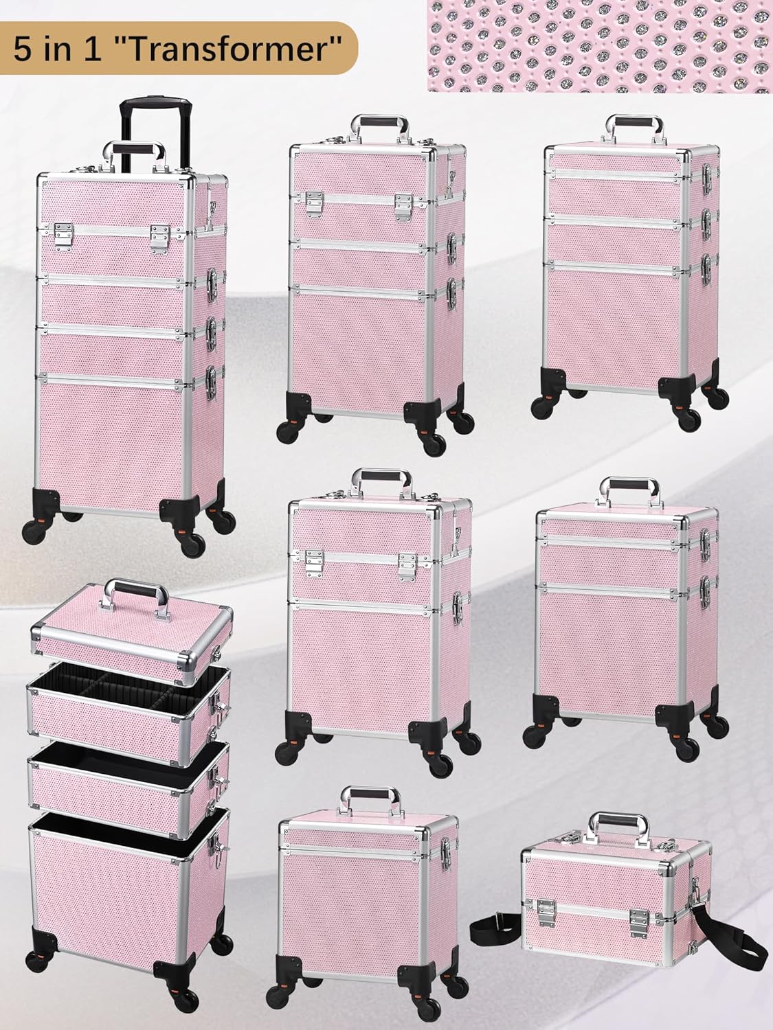 Costravio 5 in 1 Rolling Makeup Case on Wheels Large Cosmetology Case Organizer Beauty Cosmetic Train Case Travel Nail Cart for Make-up Studio Hair Salon, Pink Rhinestone