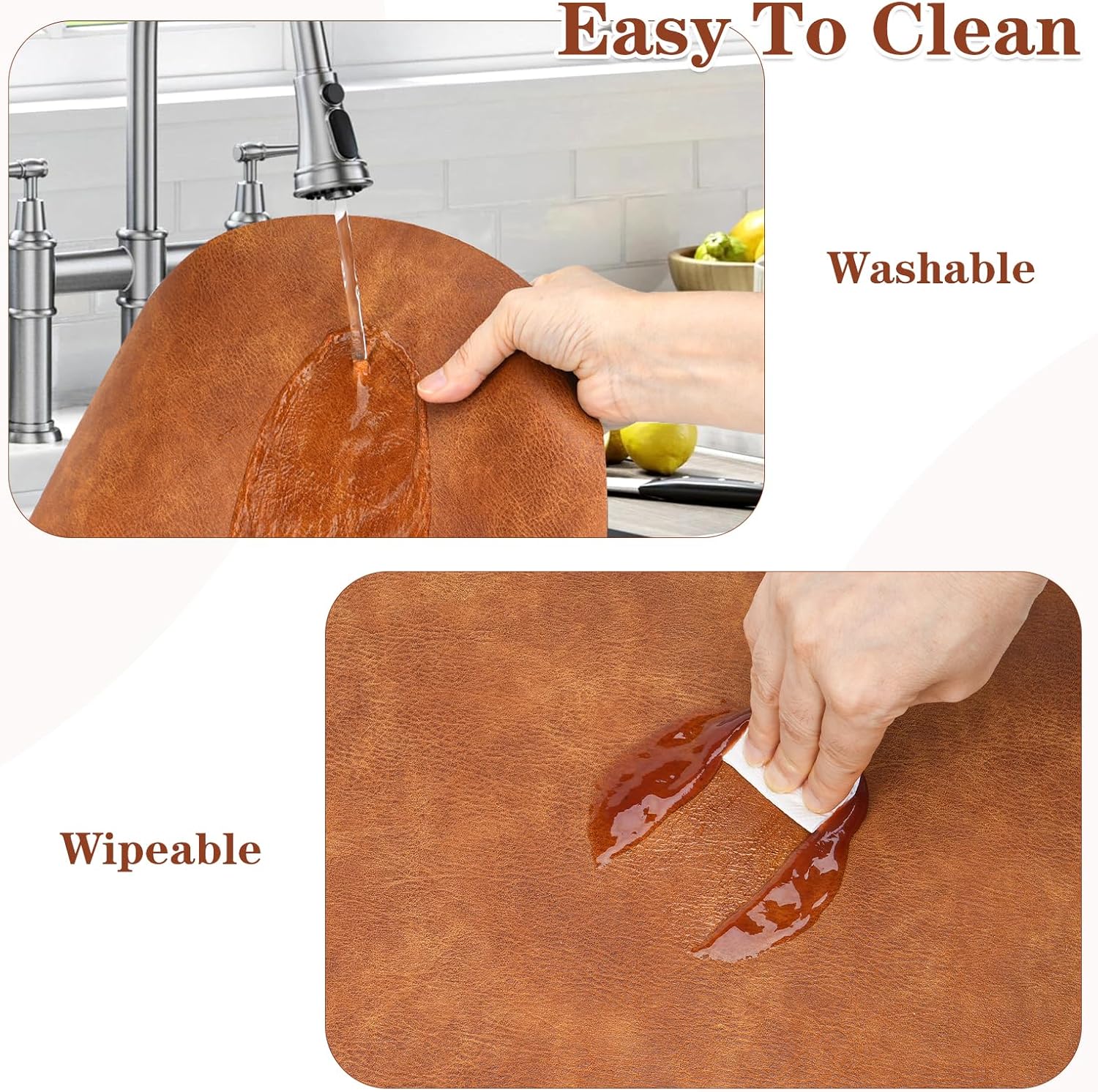 Faux Leather Placemats and Coasters, Washable Reversible Oval Placemats 12 X 17 Inch Cowhide Pattern Place Mats Waterproof Non-Slip Kitchen Dining Table Mats (8, Gray Brown)