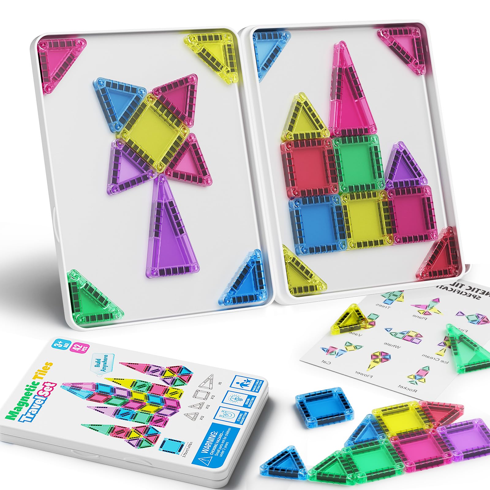 Set di 42 mattonelle magnetiche da viaggio per bambini, portatili, da viaggio, mini piastrelle magnetiche, giocattoli magnetici, scatola da costruzione montessori, giocattolo regalo per bambini di 3+
