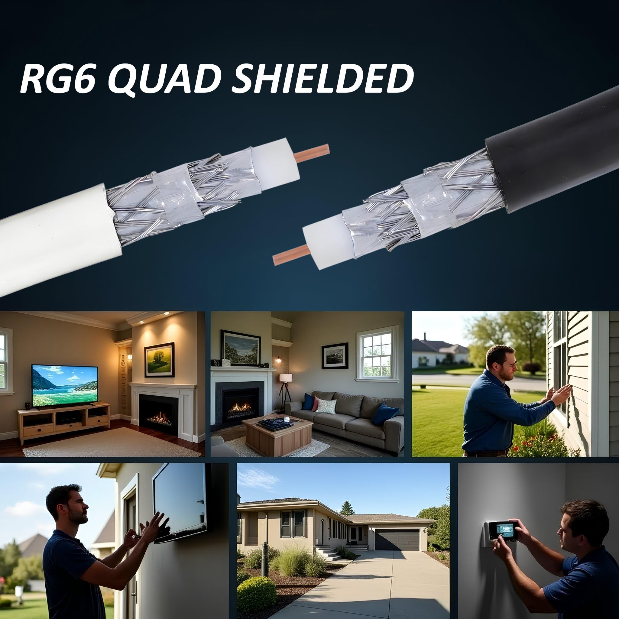 RG6 - Cable coaxial blindado cuádruple de 500 pies, caja de extracción fácil, blanco y negro, clasificación ETL, CL2, 18 AWG, 75 ohmios, para instalaciones de HDTV, satélite, televisión