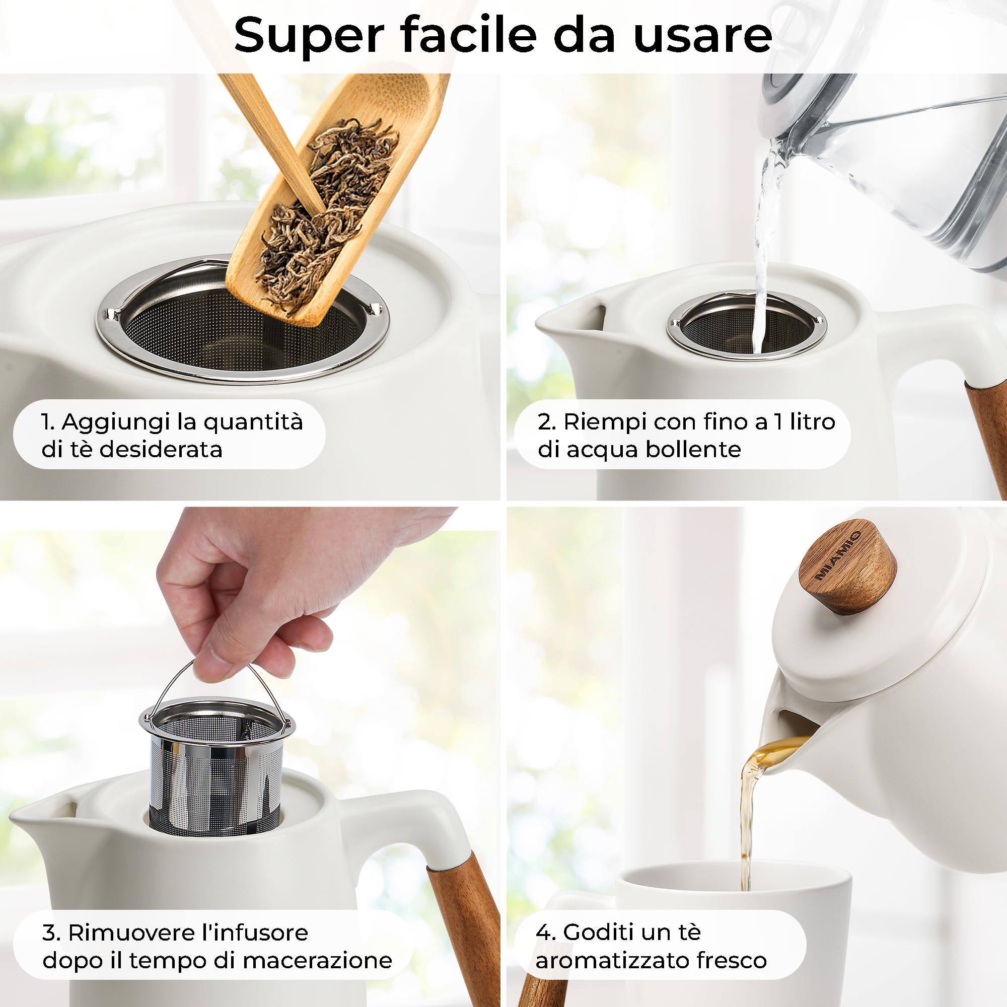 MIAMIO - Set di teiere con scaldavivande/Bollitore da 1L / 1000 ml con infusore per la macerazione di foglie di tè sfuso - Regalo per donne/amanti del tè (bianco)