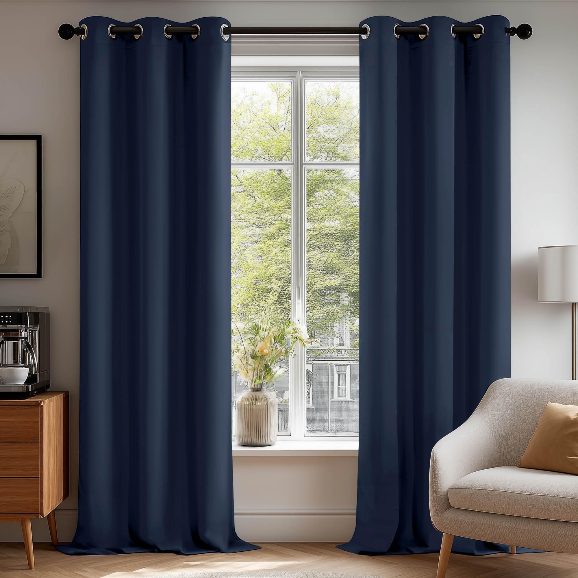 Deconovo Noise Reducing Blackout Curtains Thermal Insulated, Energy Saving Eyelet Curtains for Bedroom, W38 x L84, Navy Blue, 2 Panels