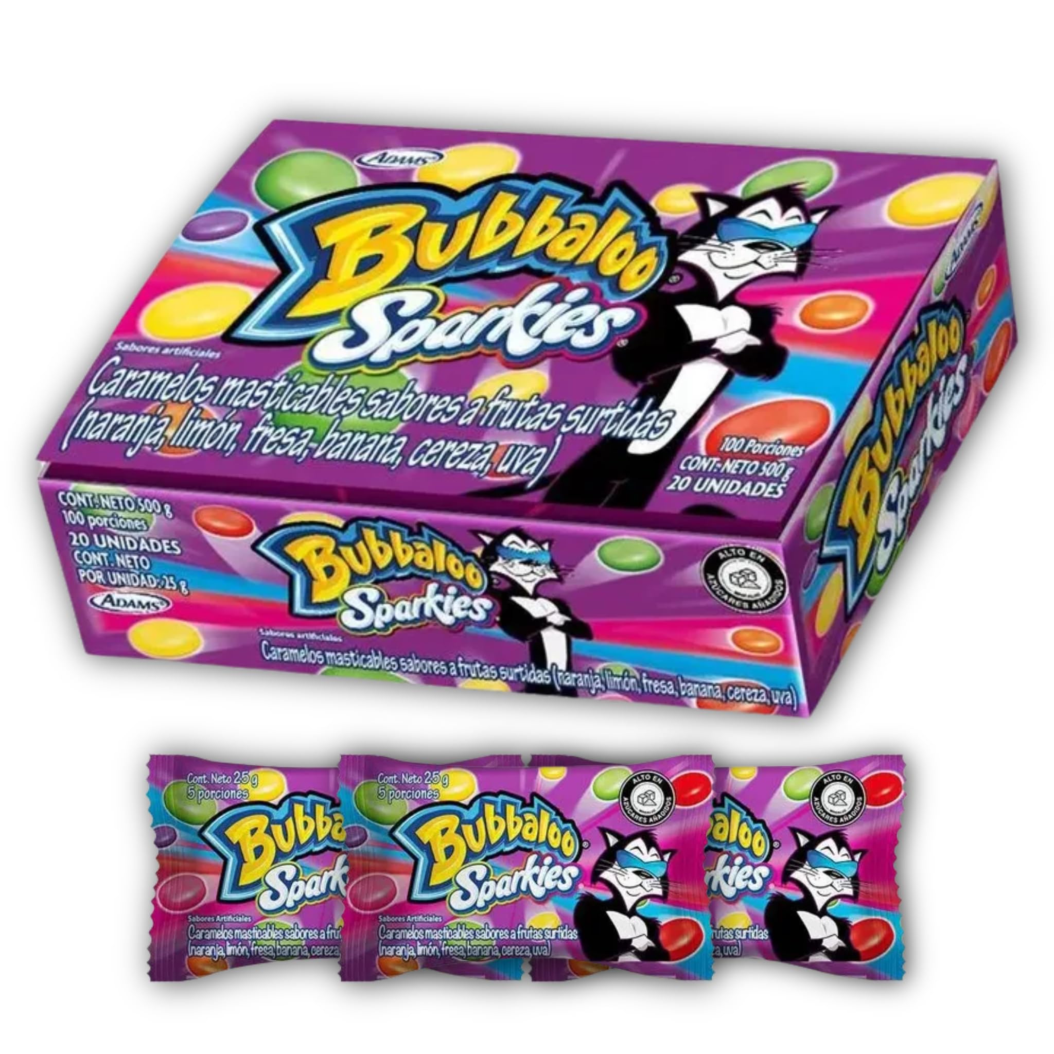 DECA EXPERTS - BUBBALOO SPARKIES caramelos masticables - Caja por 20 unidades - 500 gr - 17.6 Onzas - sabores surtidos. BUBBALOO SPARKIES chewy candies - Box of 20 units - assorted flavors.- Dulces