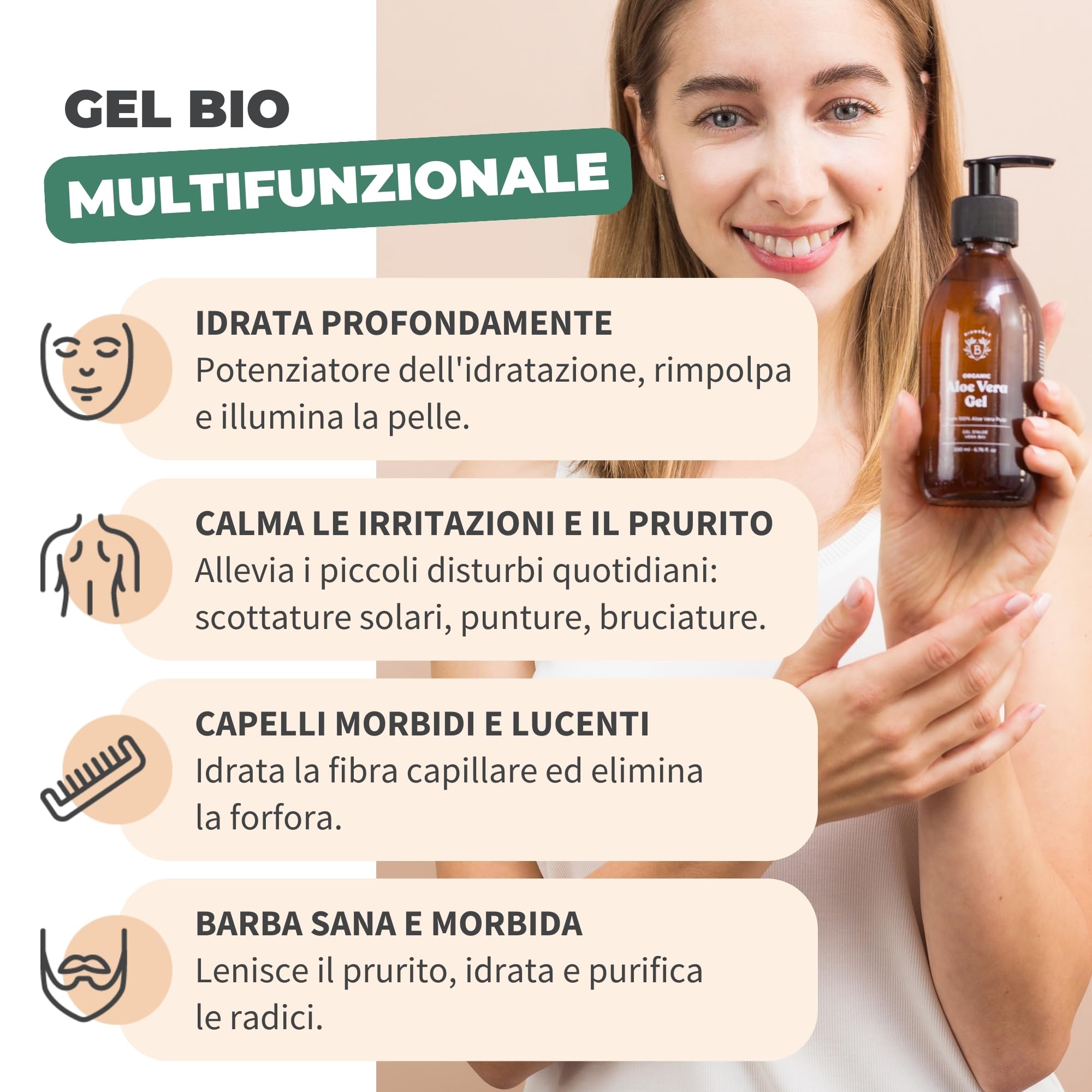 BIONOBLE Gel Aloe Vera Puro Biologico 97% con Olio Essenziale di Lavanda - Idrata e Lenisce - Aloe Vera Gel Puro per Capelli, Crema Pura Viso, Acne, Corpo, Doposole - Bottiglia di Vetro, Pompa - 100ml