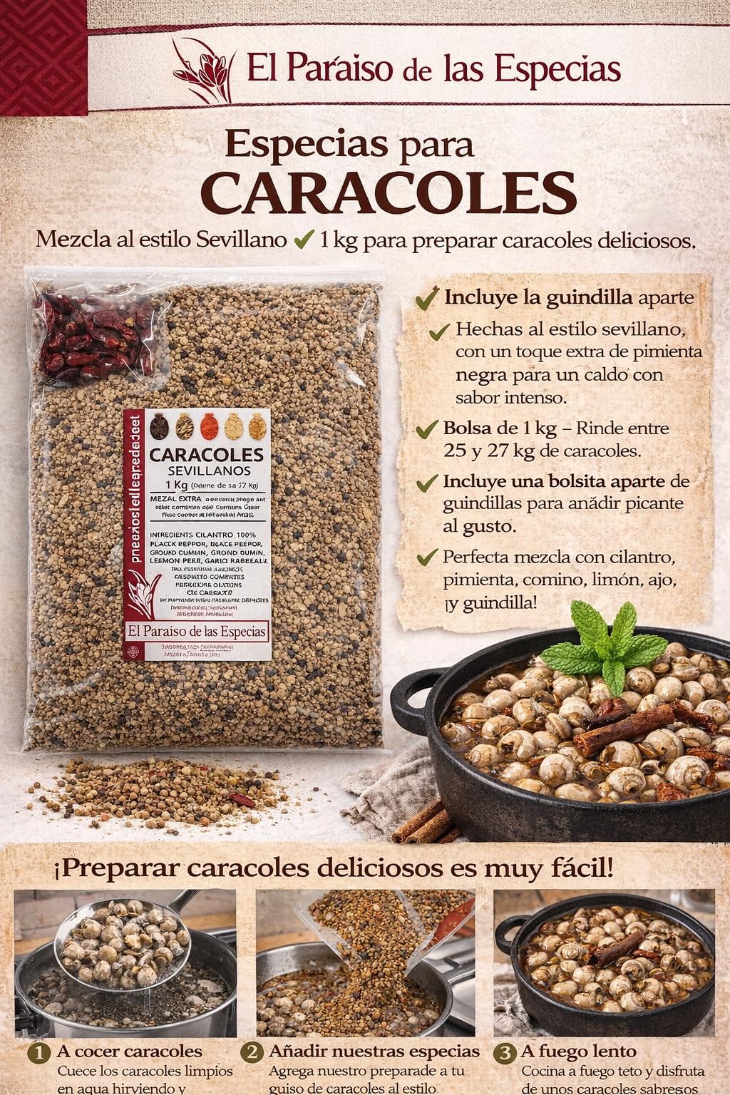 El Paraíso de las Especias Caracoles Extra Sevillano 1000 grs Mezcla con Pimienta Negra y Guindilla