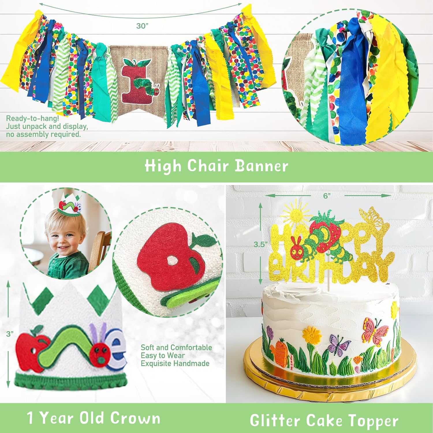 Green Caterpillar 1st Birthday Decorations, Fruit Theme Decorations – Backdrop Number One Balloon Highchair Banner Box Crown, Very Cartoon Hungry Little Caterpillar for First Birthday Party