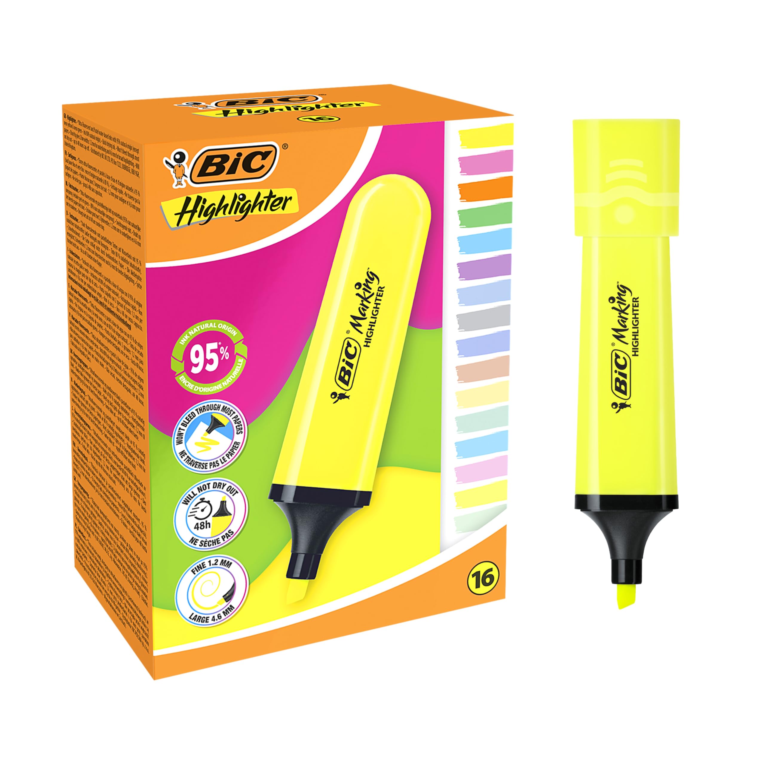 BIC Marking Flat Highlighter Pastel and Neon Pens with Chiselled Nib - Assorted Colours, Box of 16