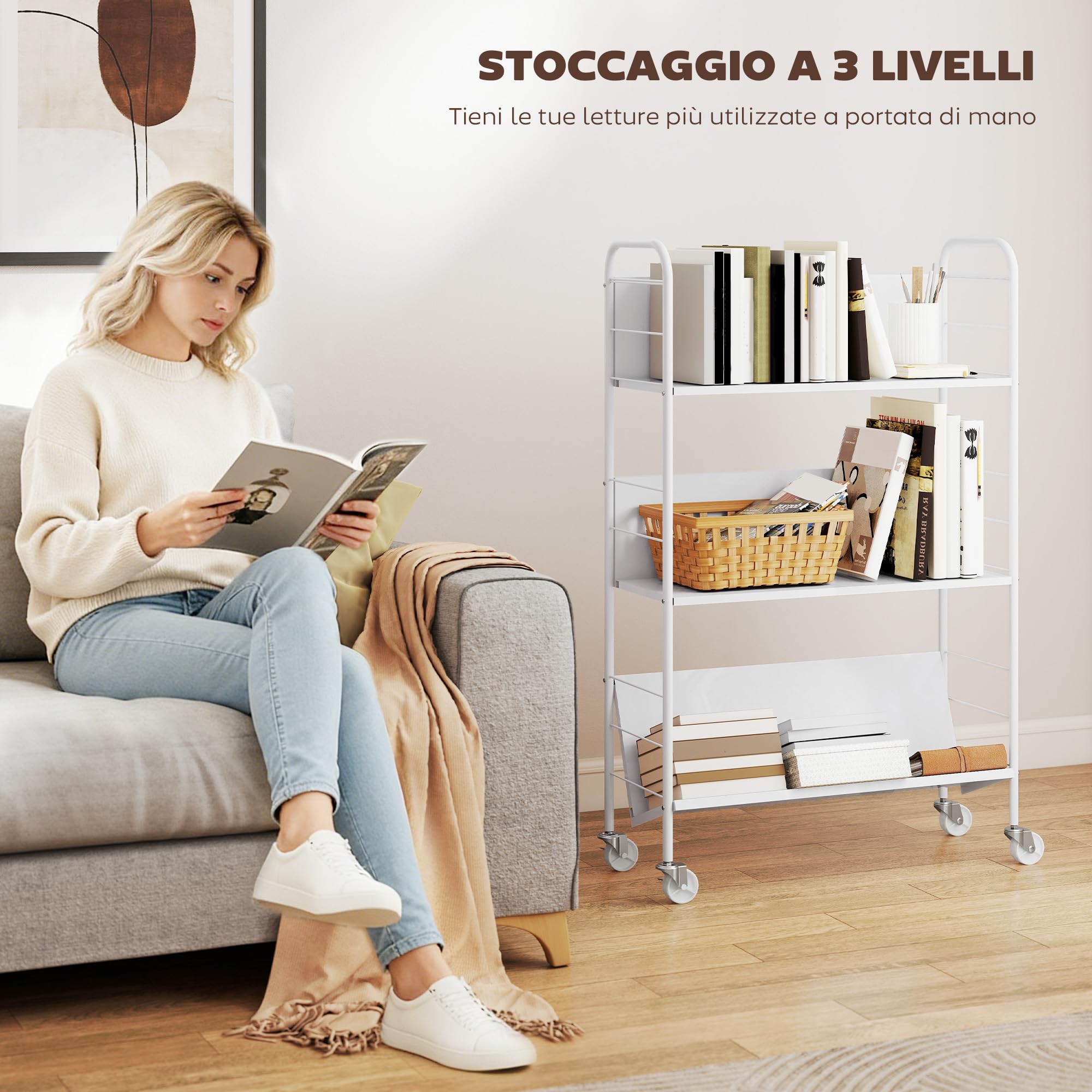 HOMCOM Carrello Portalibri a 3 Livelli in Metallo con Ruote Girevoli con Freno, Libreria Scaffale Moderno per Libri e Riviste, per Soggiorno, Camera da Letto, 69x26x108 cm, Bianco