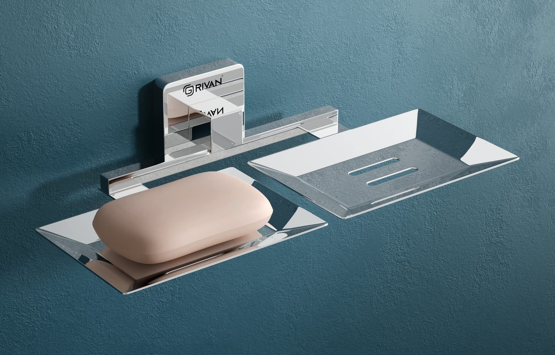 GRIVAN Stainless Steel Square Shape Double Soap Dish l Soap Case I Soap Holder I Soap Stand Corrosion Free Double Soap Holder with Chrome Finish (Silver, Pack of 1)