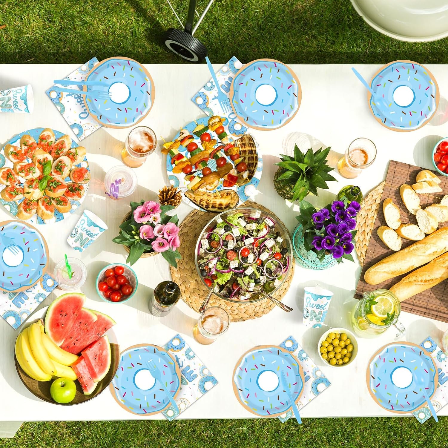 168 Pcs Sweet One Birthday Party Decorations for Boys Blue Donut 1st Birthday Plates Napkins Cups Forks Knives Spoons Sweet 1st Donut Theme Tableware Set for Boys One Year Old Party Supplies Serves 24