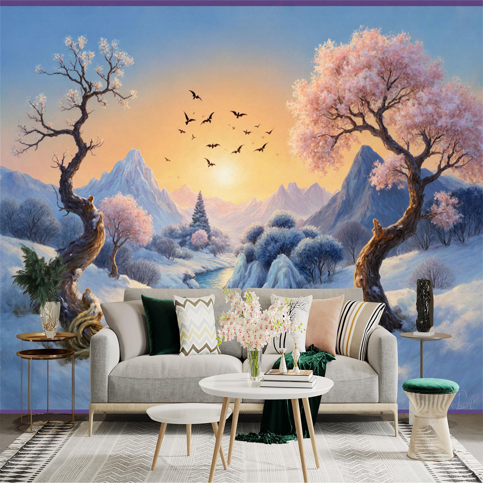Custom Size Wall Sticker Mural， Winter Landscape with River， Snowy Mountains and Sunset Sky， for wall Decoration， peelandstick wall Decals.