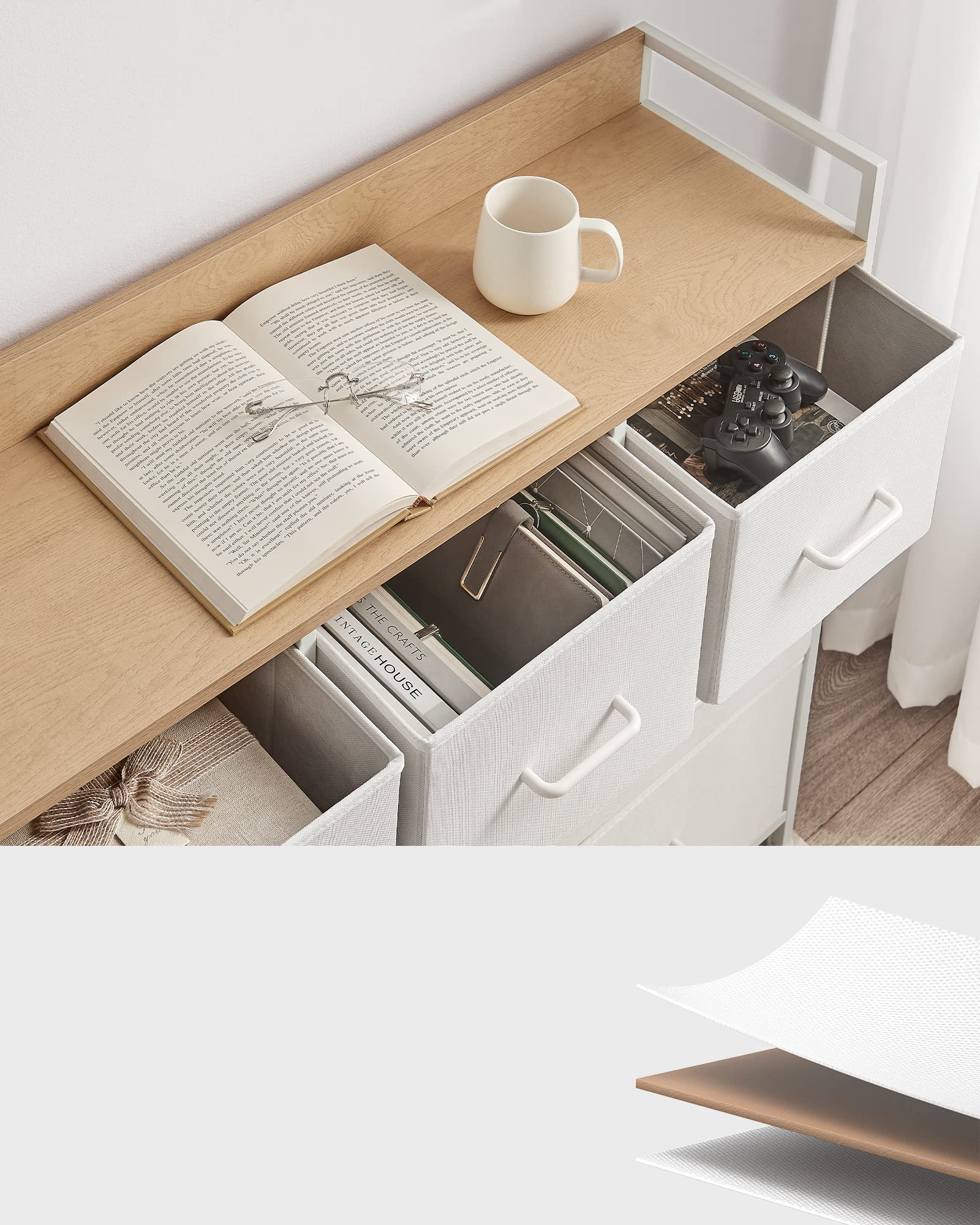 SONGMICS Komoda, szafa, 7 szuflad materiałowych z uchwytami, metalowy stelaż, wzornictwo przemysłowe, kolor biało-dębowy LTS523W57