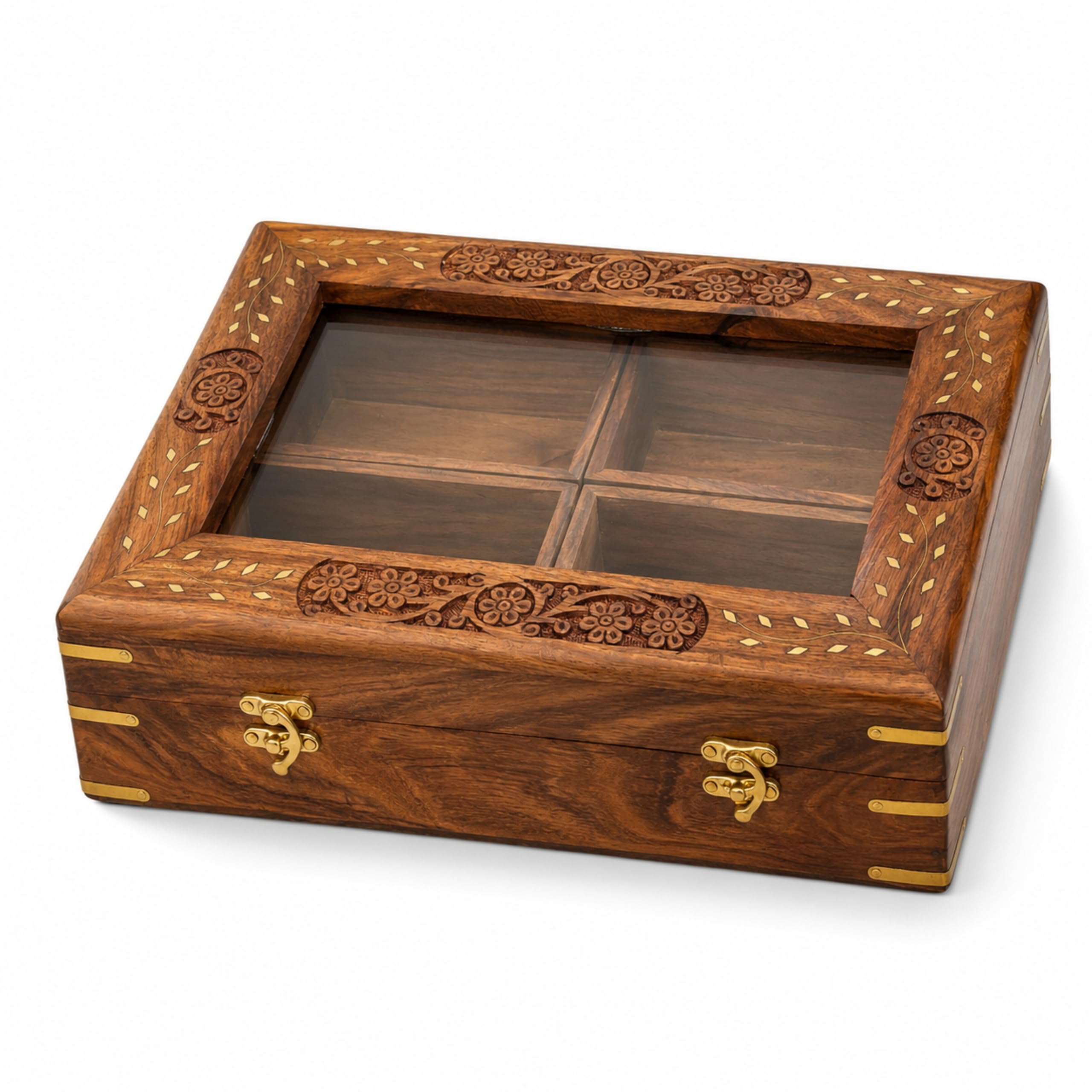 Wooden Storage Box with Glass Lid | Handcrafted Decorative Storage Box with 4 Compartments | Brass Fitting Wooden Gift Box for Dry Fruits, Snacks & Home Decor-image-10