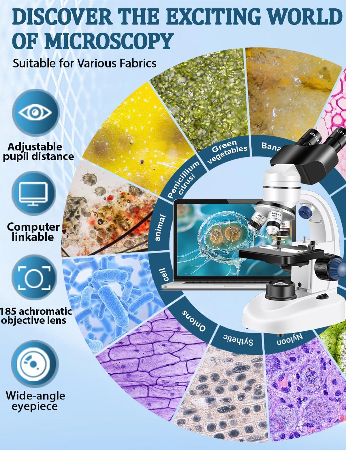 Microscopio para adultos WF10x y WF25x, cámara USB de aumento de 40X-2000X, microscopio para adultos, adecuado para laboratorio, escuela, educación en el hogar (microscopio blanco)