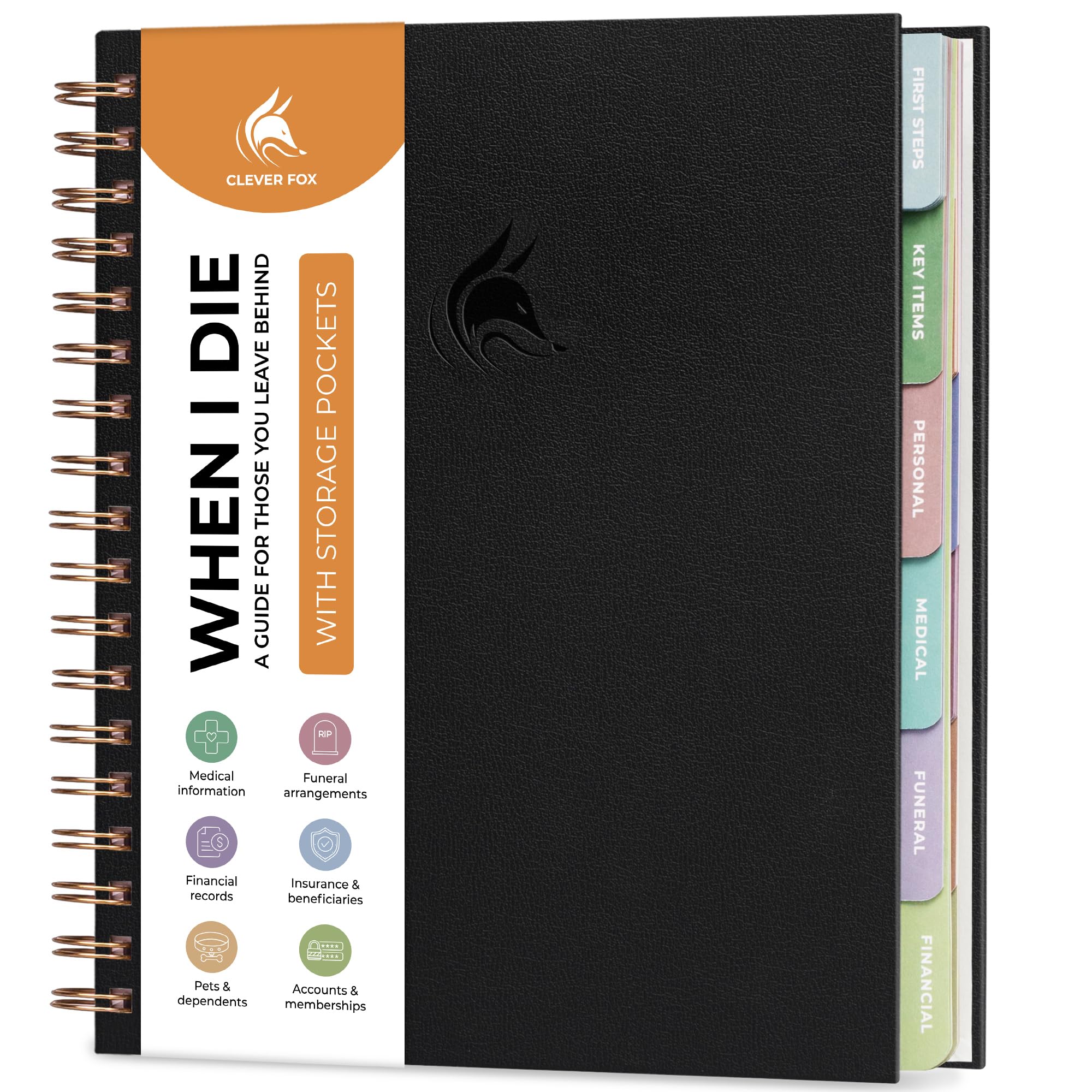 Clever Fox When I Die Planner With Pockets for Documents – End-of-Life Organizer Binder for Important Personal Info & Final Wishes (Black)