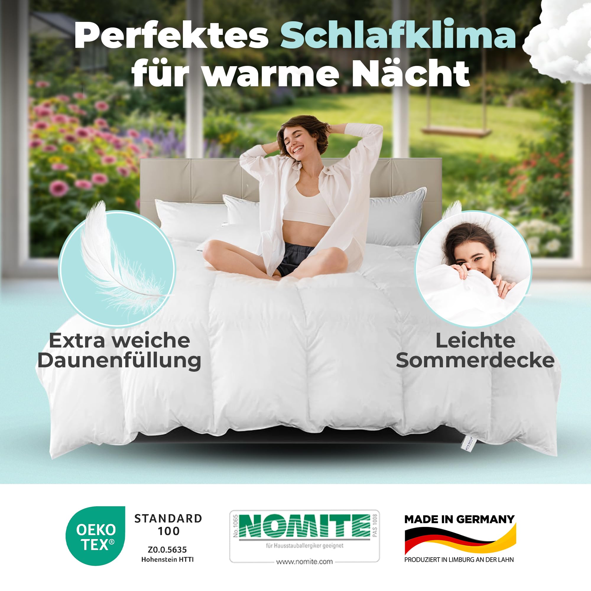 BEFA NATUR Reine Daunendecke Sommer 200x200 cm | 100% Daunen | 300g Füllgewicht | Allergiker geeignet (NOMITE) | Tierwohl Zertifiziert (DOWNPASS) | Oeko-TEX Klasse 1 | Made in Germany