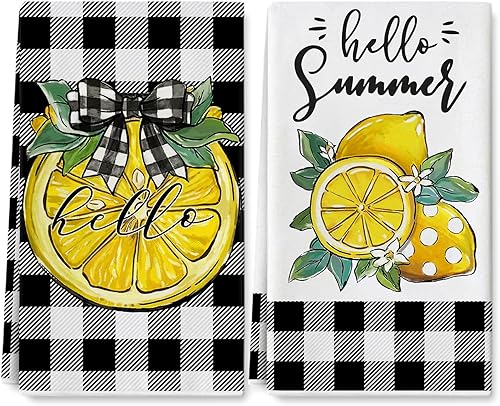 AnyDesign Toalla de cocina de limón de 18 x 28 pulgadas, diseño de búfalo a cuadros, de verano, acuarela, granja, limón, toalla de té decorativa