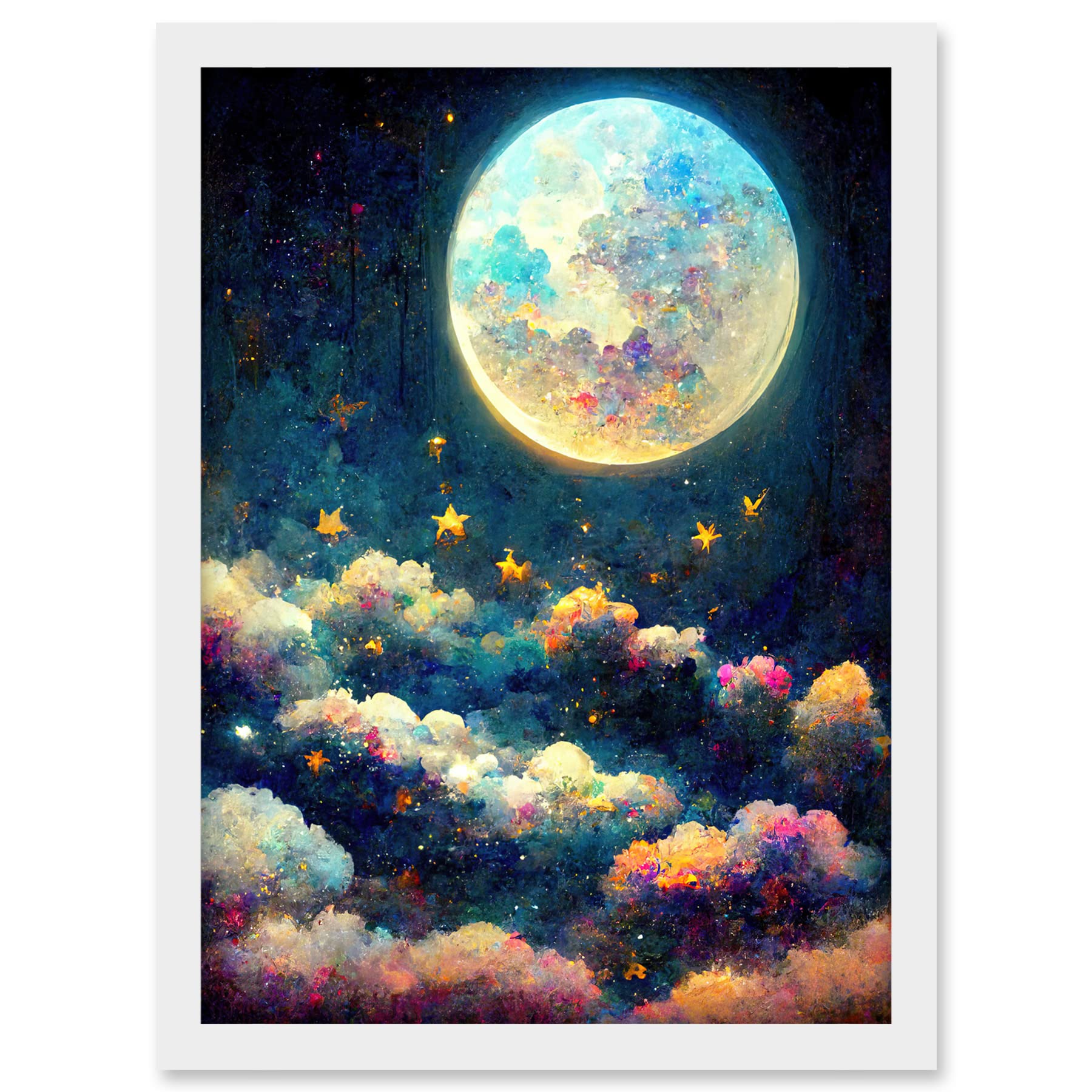 Doppelganger33 LTD Dreamy Night Sky Moon Stars Colourful Clouds Kids Cute Artwork Framed A3 Wall Art Print