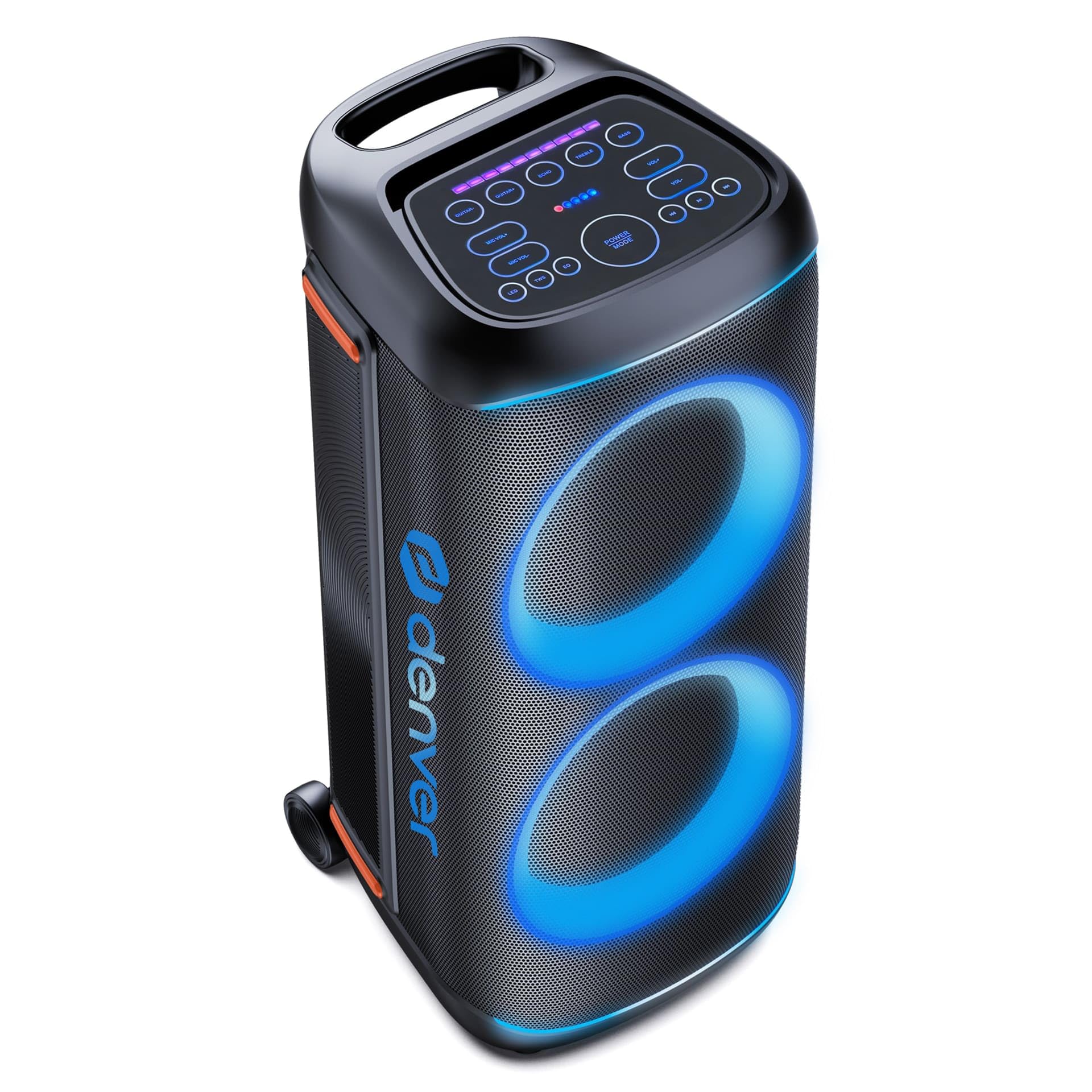Denver BPS-470 - Bluetooth Party Lautsprecher Groß 2000W mit LED RGB Licht | 2x10 Zoll Woofer, Mikrofon & Fernbedienung, TWS Stereo-Paarung, AUX/USB/MicroSD, IPX4, 6000mAh Akku mit Rollen, 85 cm