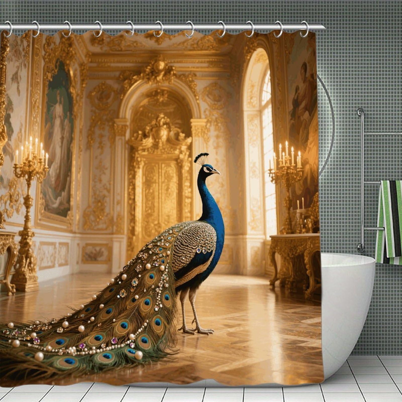 VstaDank Jeweled Peacock Shower Curtain Waterproof Bathroom Shower Curtain with C Type Hooks Soft Lightweight Shower Curtains Liner Washable Polyester Cloth Shower Liner 71x71 Inch