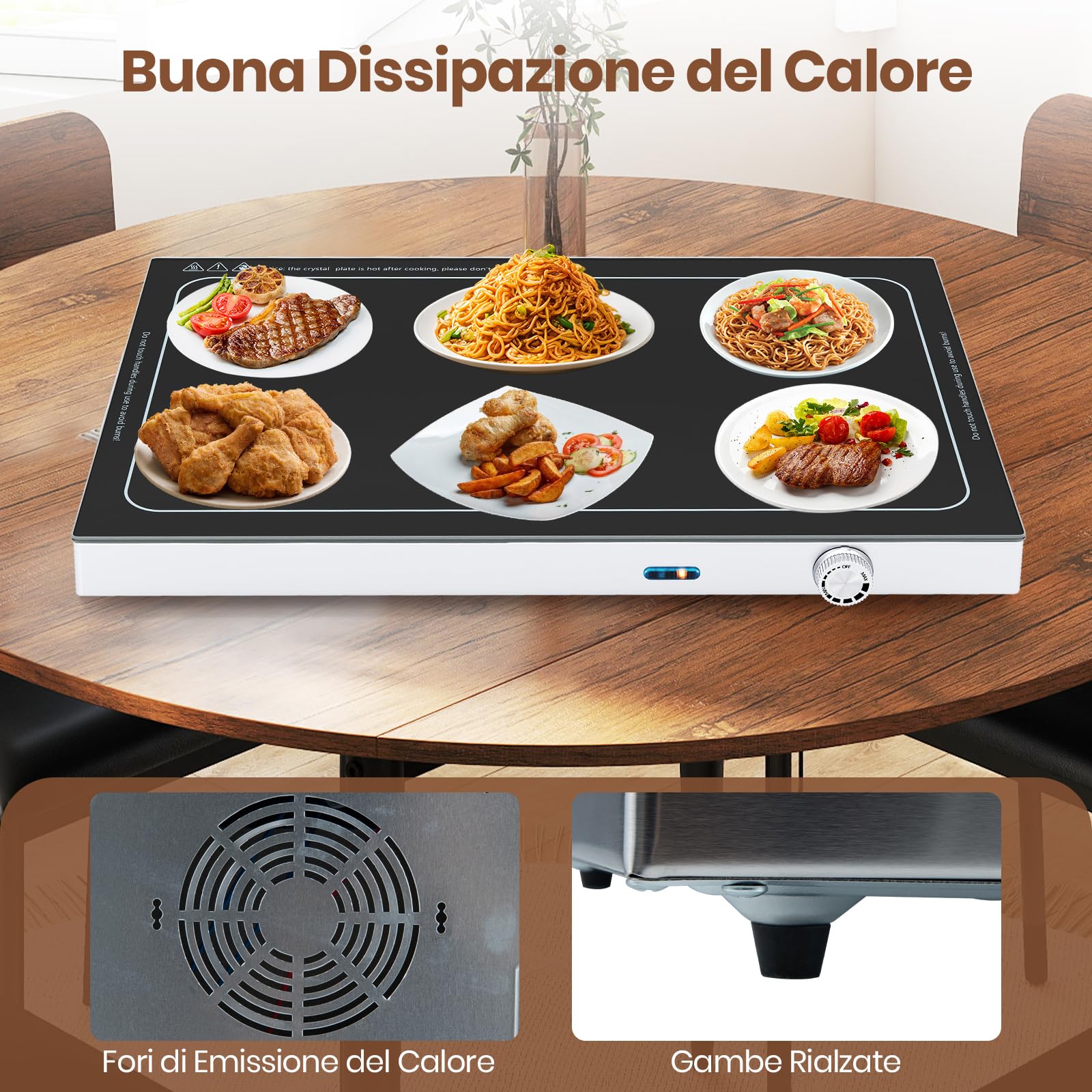 RELAX4LIFE Vassoio Riscaldante Elettrico, Piastra Scalda Cibi con Temperatura Regolabile, Superficie in Vetro Temperato e Maniglie Incorporate Salvaspazio per Feste, Raduni, Buffet ed Eventi