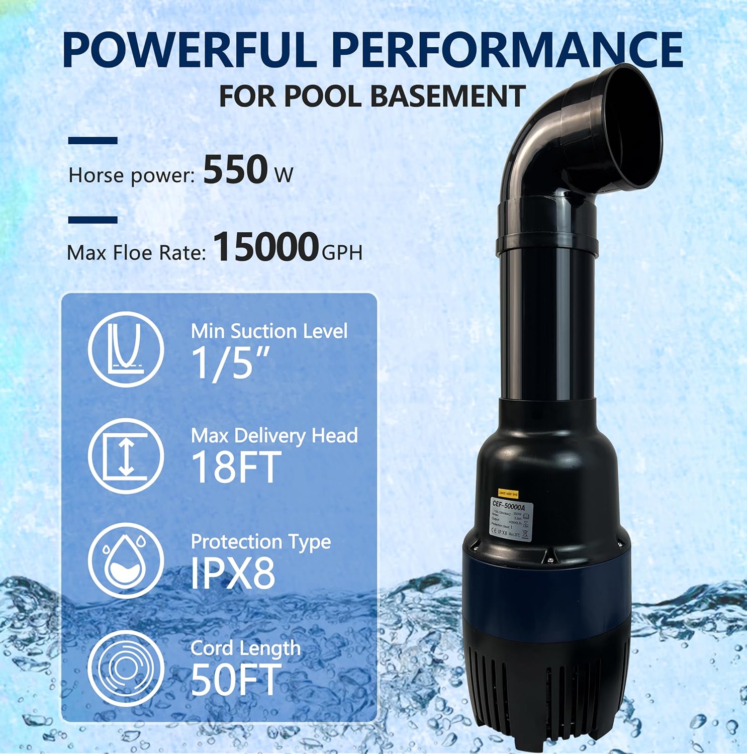 15000GPH-550W,High Flow Submersible Water Pump,Pond Pump, Aquarium Pump,fish pond circulating water pump,Best match Rotary Drum Filter