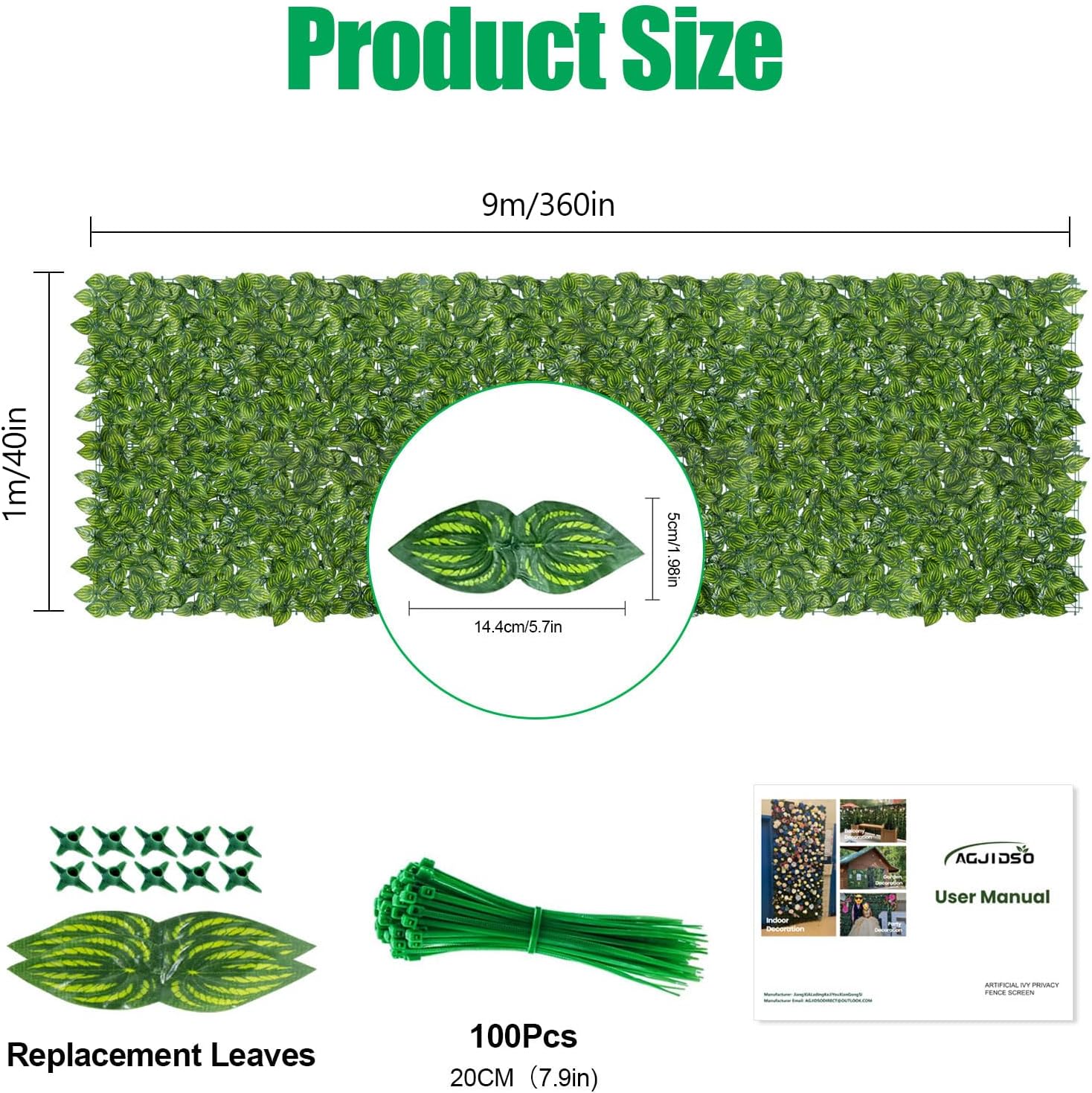 Artificial Ivy Privacy Fence Screen(No Assembly Required), 360"x40" Artificial Hedges Fence, Anti-Ultraviolet Artificial Faux Ivy Hedge for Outdoor, Garden Decor, Watermelon Leaves