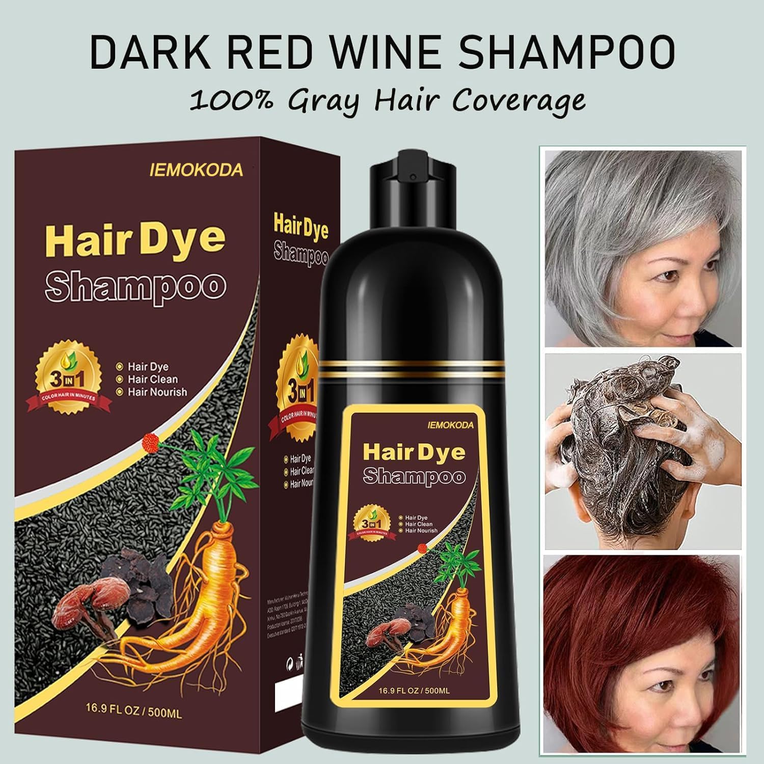 Natural Hair Color Shampoo for Gray Coverage, Instant Red Hair Dye Shampoo 3 in 1, Shampoo Hair Dye Works in Minutes, Red Hair Shampoo, Shampoo Para Canas for Women and Men - Image 2