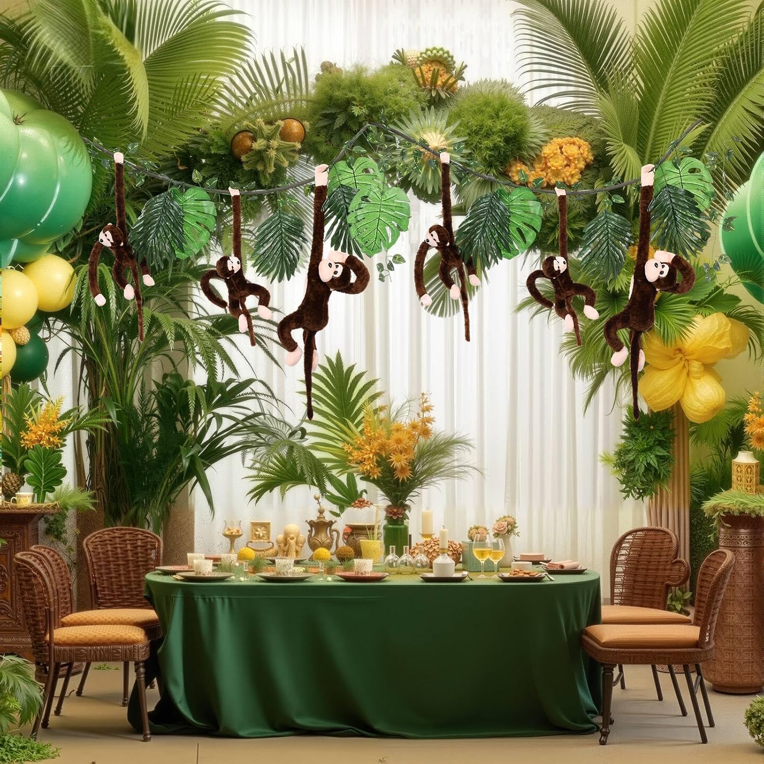 14 Pcs Jungle Party Decoration 6 Hanging Monkey Stuffed Jungle Animal Toy 1 10 ft Artificial Rattan 6 Tropical Palm Leaves 1 Fake Vine Tropical Rainforest Decor for Classroom Birthday Party