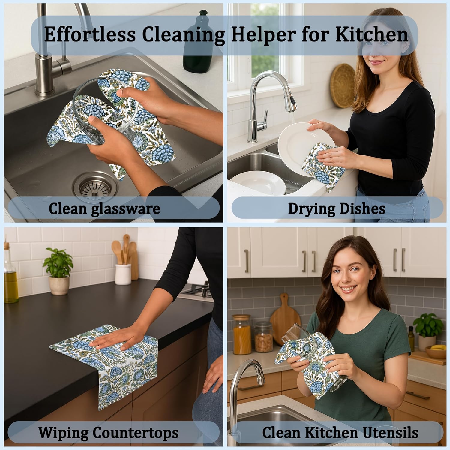 Ridhi Asparagus Green Hand Block Print Cotton Waffle Dish Cloth Set of 12-12x12 Inch Super Absorbent, Soft, Reusable Kitchen Towels for Dish Drying Cleaning, Ideal for Spring, Easter, Valentine
