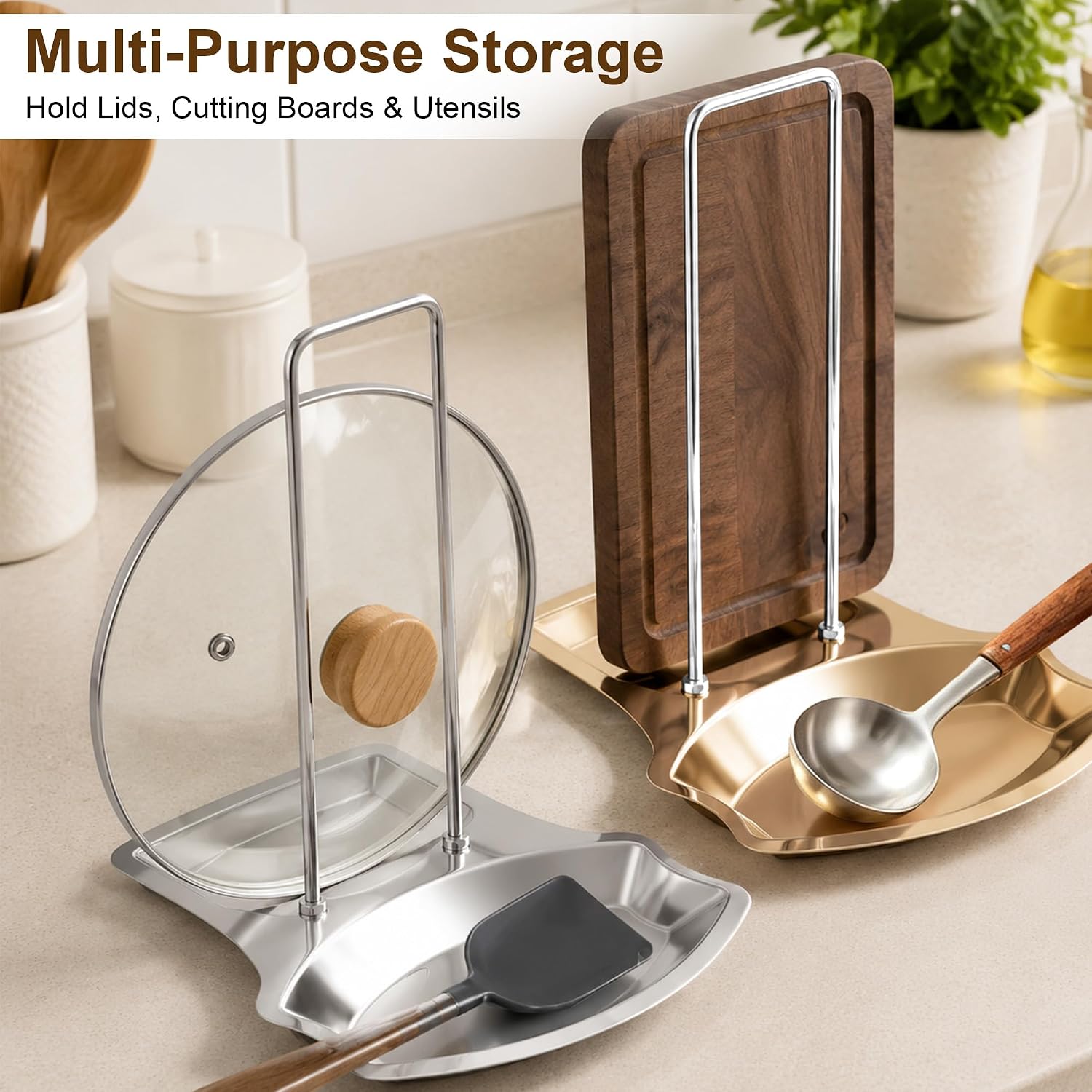 2 Pack Lid and Spoon Rest, Stainless Steel Kitchen Pot Lid Holder for Pot Cover, Cutting Board, Spatula and Ladle (Gold & Silver)