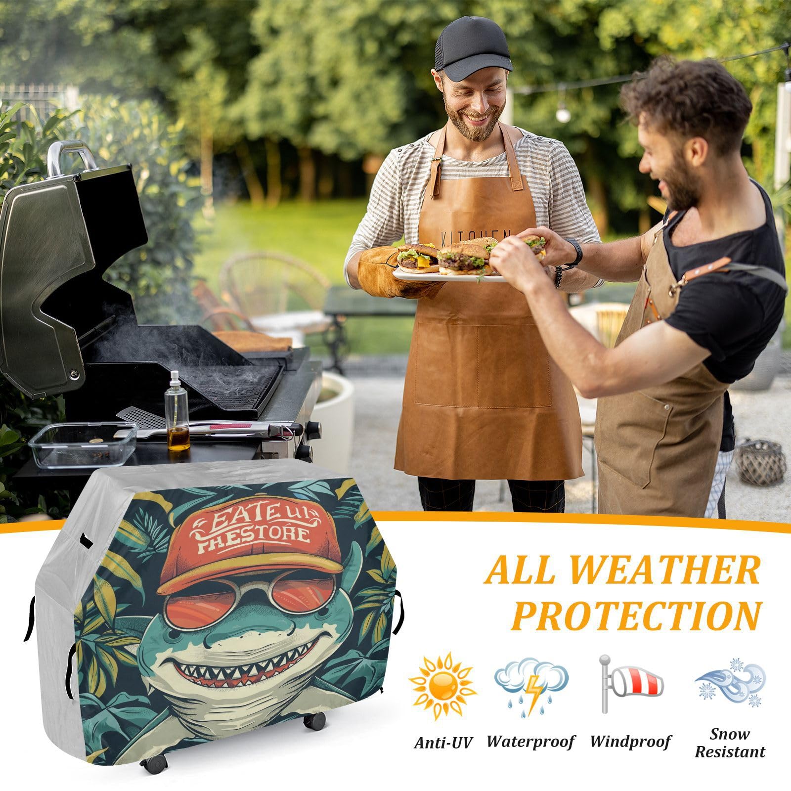 Funda para parrilla de barbacoa para parrilla al aire libre, impermeable, para la mayoría de las parrillas, tiburón tropical de verano