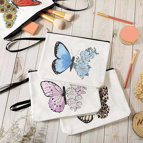 Miniatura 4 de Cunno 4 bolsas de maquillaje de mariposa para mujer, de lona, cosméticos, flores de mariposa, regalos para niñas, bolso de lona de cumpleaños,