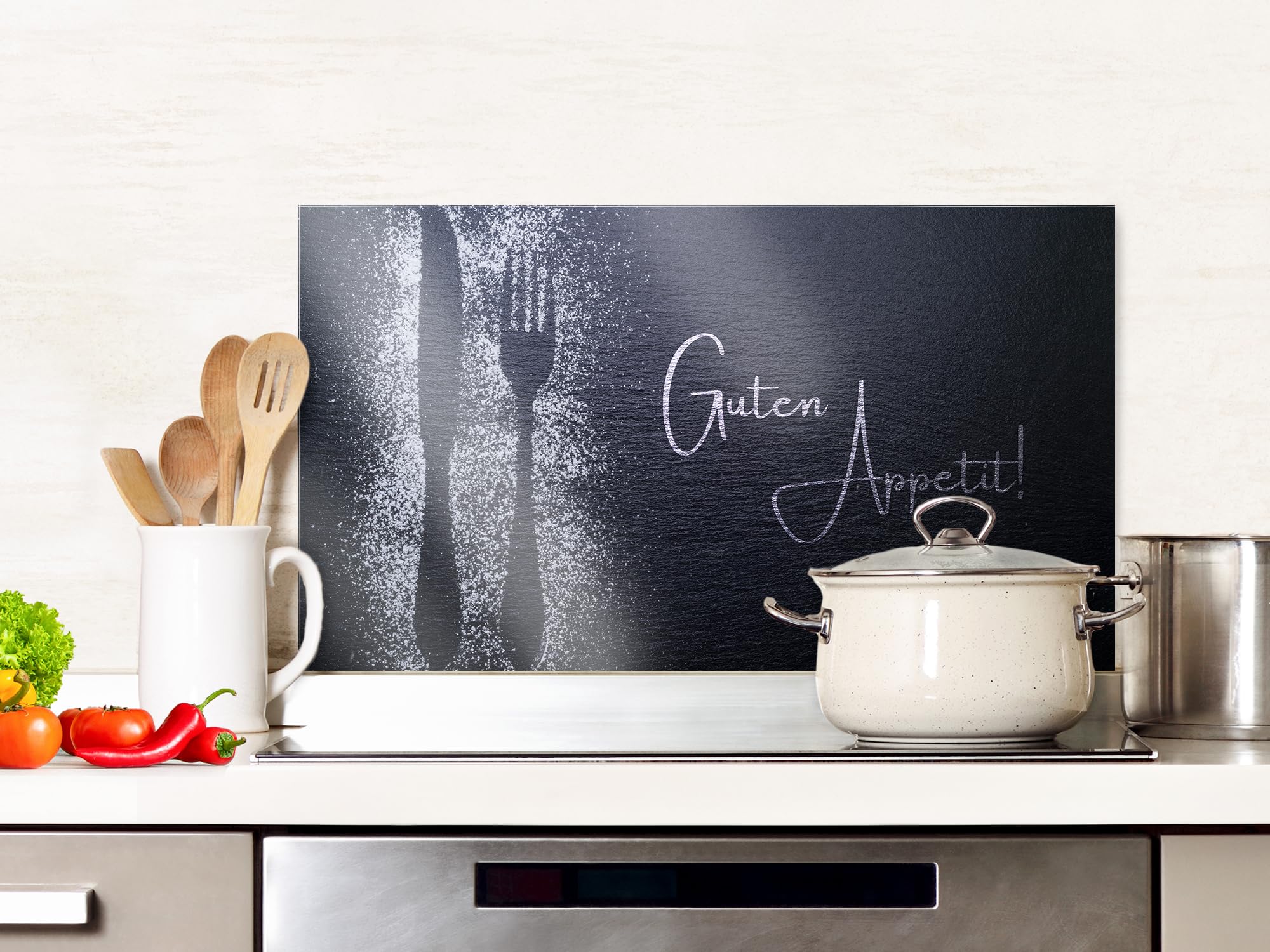 GRAZDesign Spritzschutz Küchenrückwand Glas Küche für Herd & Küchenspüle, Grau Guten Appetit Glasplatte Rückwand Küchenwand Wandschutz | 60x40cm