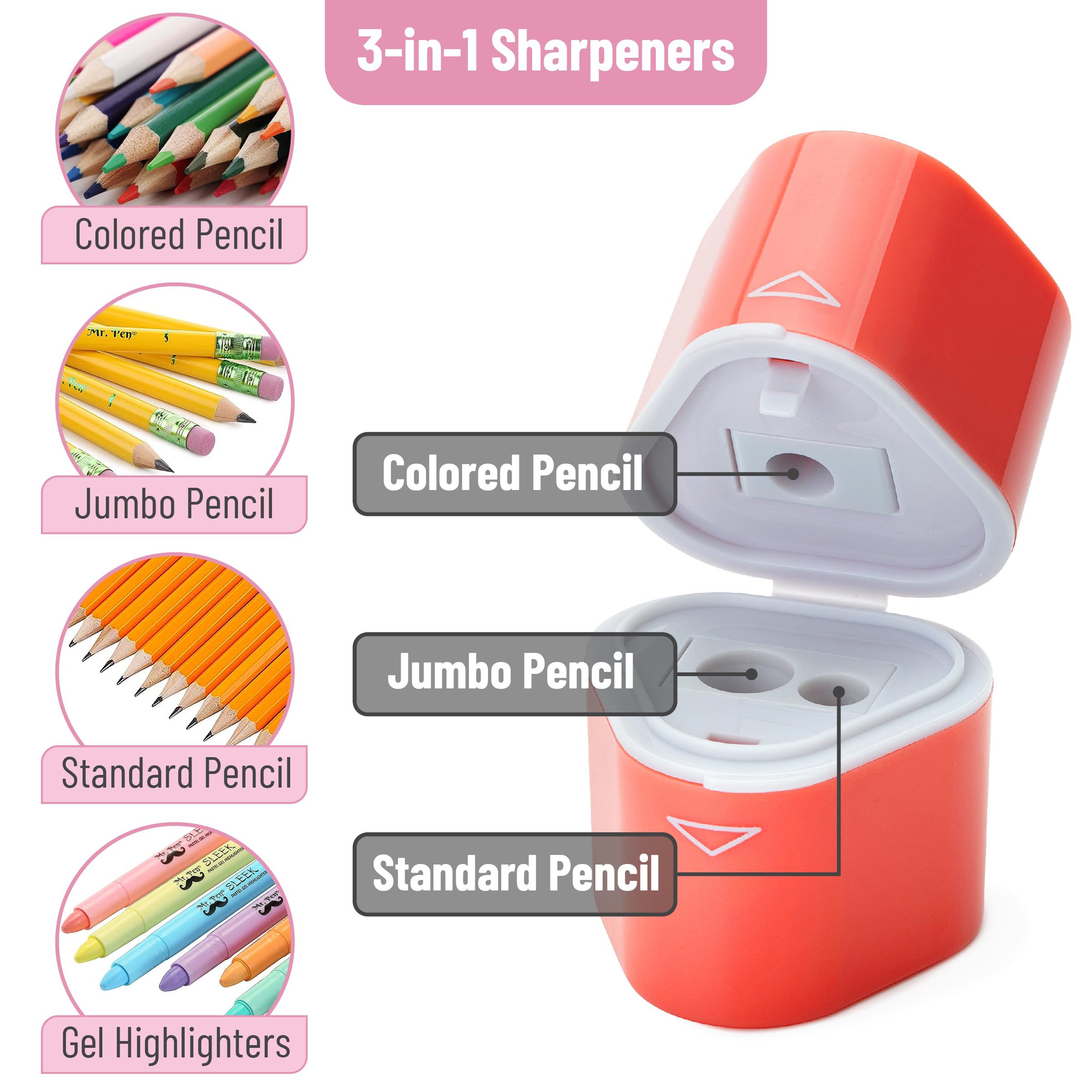 Mr. Pen- 3 Pack Colored Pencil Sharpener, 3 Hole, Manual, Handheld, Yellow, Purple, Pink, Pack Of 3 - Image 3