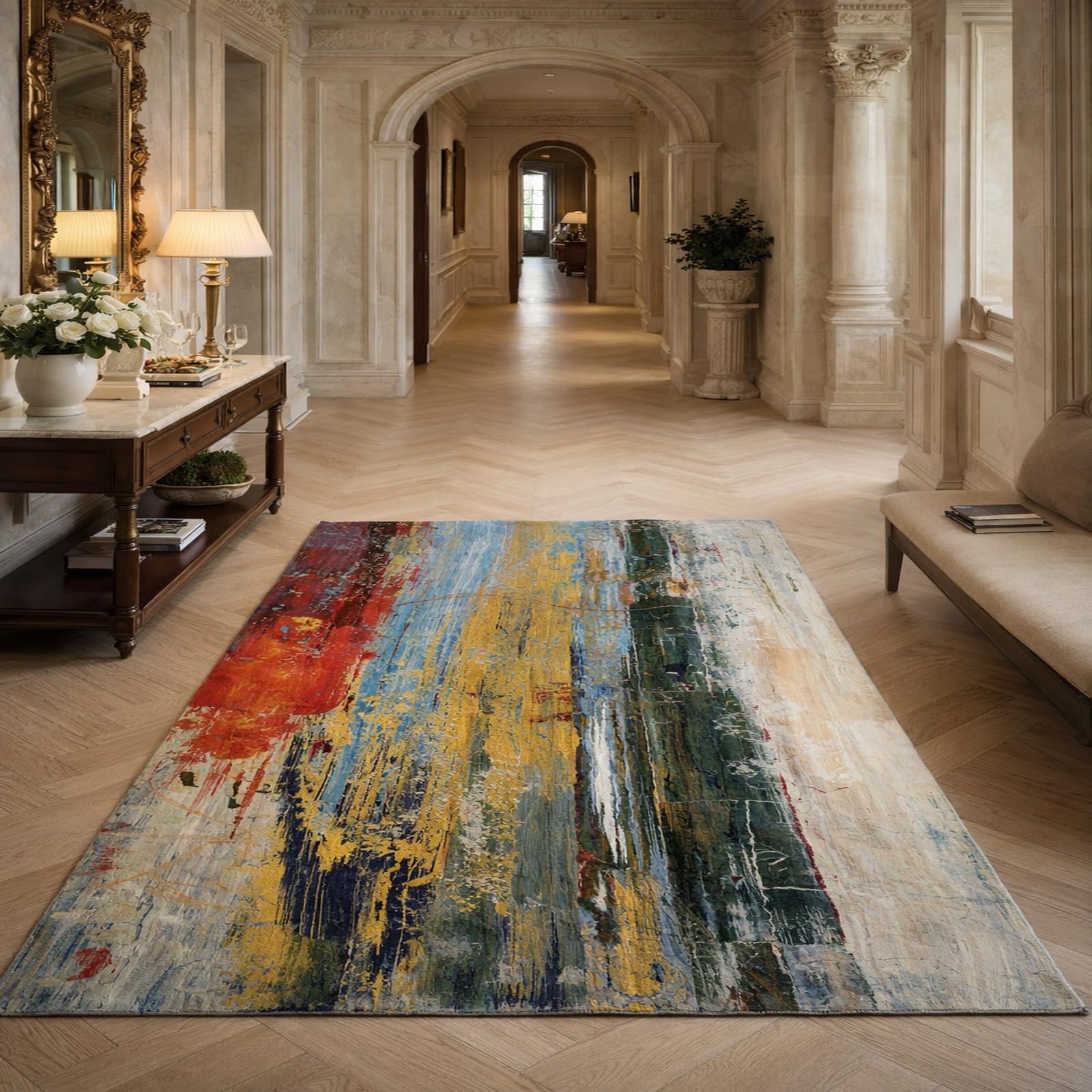 Tapis abstrait coloré design moderne 140 x 160 cm pour salon contemporain