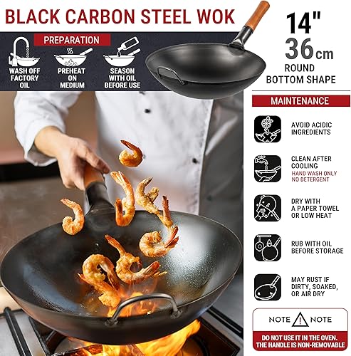 Miniatura 3 de YOSUKATA 14" Carbon Steel Wok Pan Set - Pre-Seasoned, 17" Wok Spatula & Ladle - Heat-Resistant, Dishwasher Safe