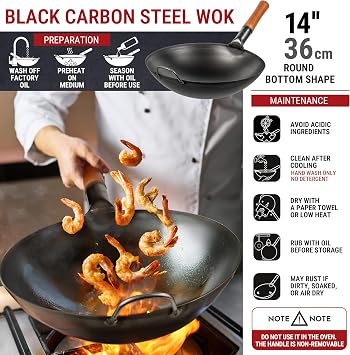 YOSUKATA 14 Carbon Steel Wok with Round Bottom Pre-Seasoned Pow Wok for Stir Fry Traditional Chinese Japanese Black Steel Pan Outdoor Cookware for Gas Stovetops, Open Fire, BBQ, Camping