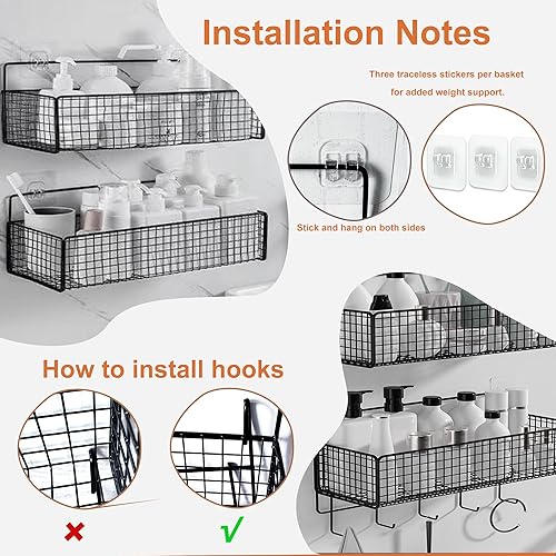 Miniatura 5 de Cestas colgantes de metal, paquete de 2 unidades, organizador de almacenamiento de pared de alambre con ganchos, estantes adhesivos para cocina,