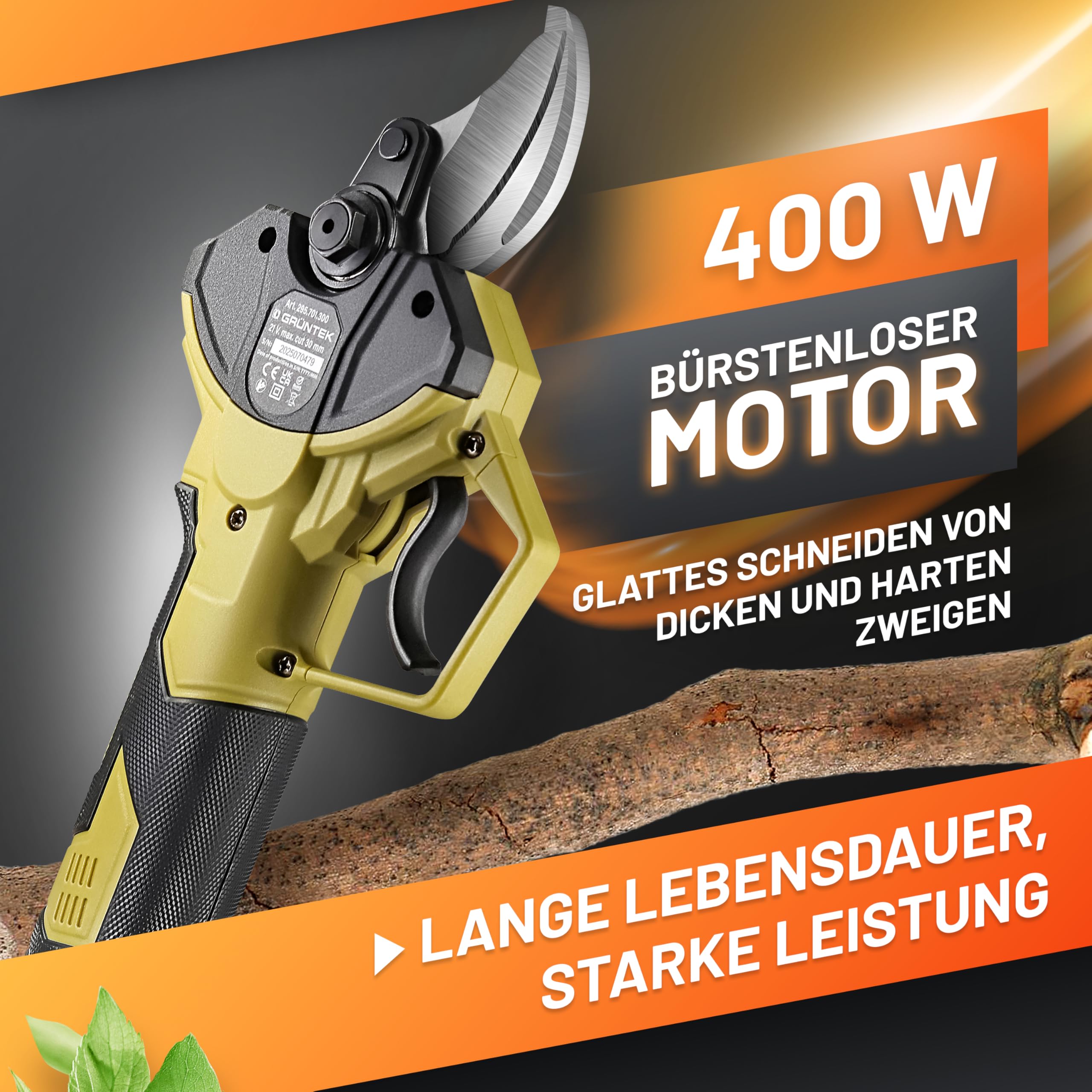 GRÜNTEK Akku Astschere 21V 2Ah Brushless, Elektrische Gartenschere Akku bis 30mm, 400W Bürstenloser Motor SK5 Klinge Makita-Kompatibel, Koffer Komplett-Set Baumschere Akkuschere