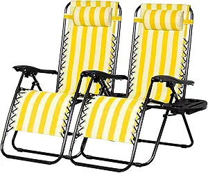 Nazhura Set of 2 Relaxing Recliners Patio Chairs Adjustable Steel Mesh Zero Gravity Lounge Chair Beach Chairs with Pillow and Cup Holder (Yellow Stripe)