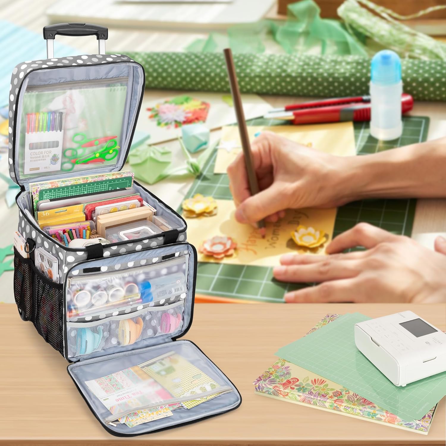 LUXJA Rolling Scrapbook Tote, Scrapbook Bag with Detachable Dolly (Patented Design), Gray Dots