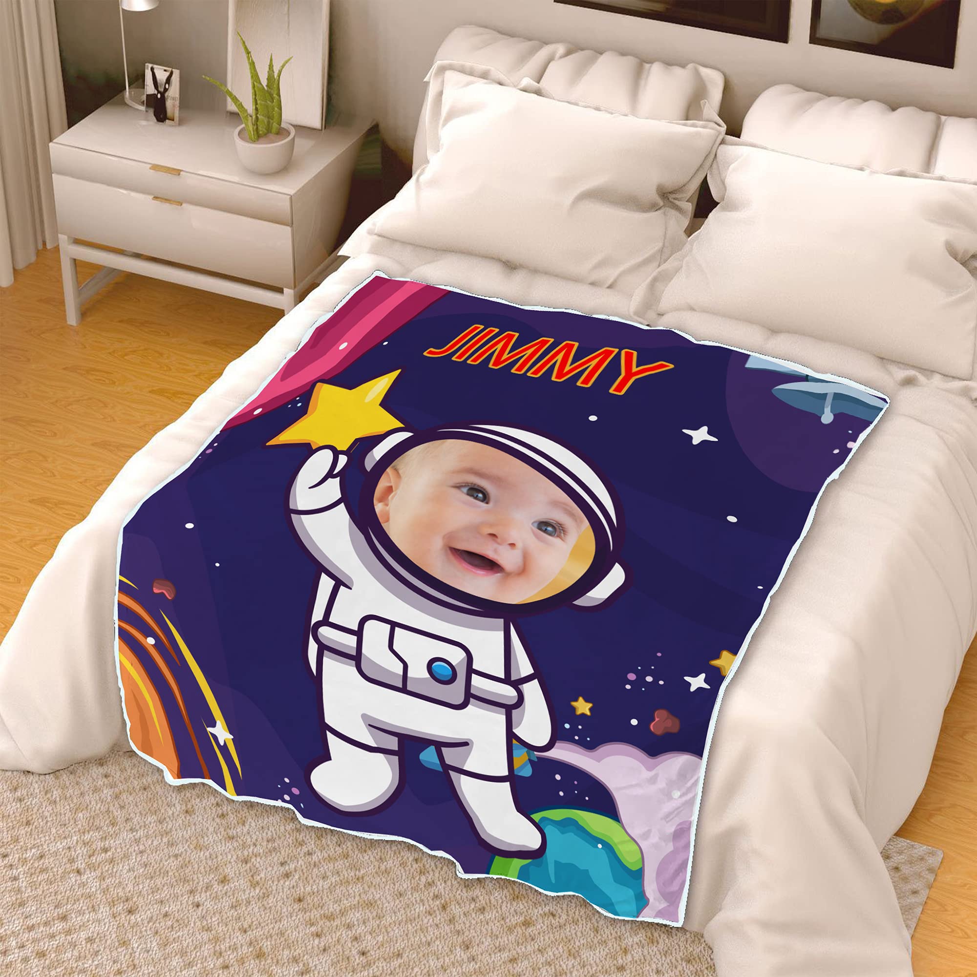 Manta personalizada con nombre de foto para niños, manta de astronauta del espacio exterior, regalo para niños, manta de bebé y niño, manta de imagen personalizada, manta personalizada con nombre