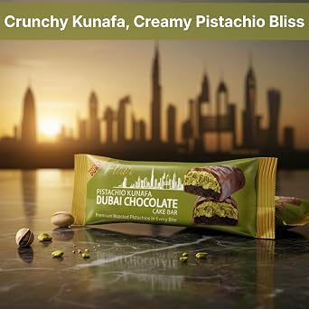 Katsy Style Flain Pistachio Kunafa Dubai Chocolate Cake Bar – Creamy Pistachio Blended with Luscious Chocolate, Perfect for a Sweet Snack Anytime, 28g