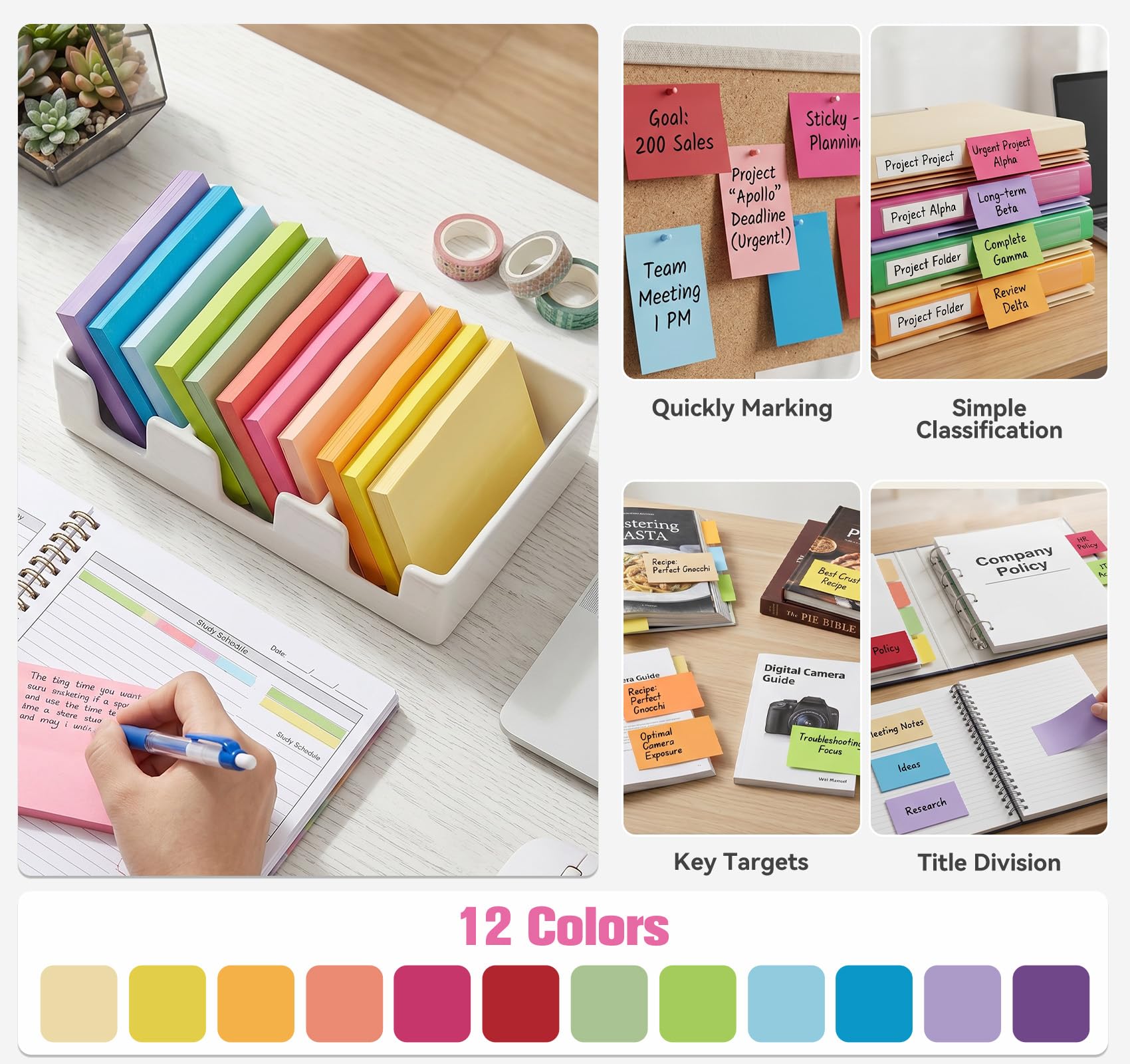 Agoer 1200 Notes Sticky Notes Lot de 12 Blocs Autocollantes 76 x 127 mm 100 Feuilles par Bloc 12 Couleurs