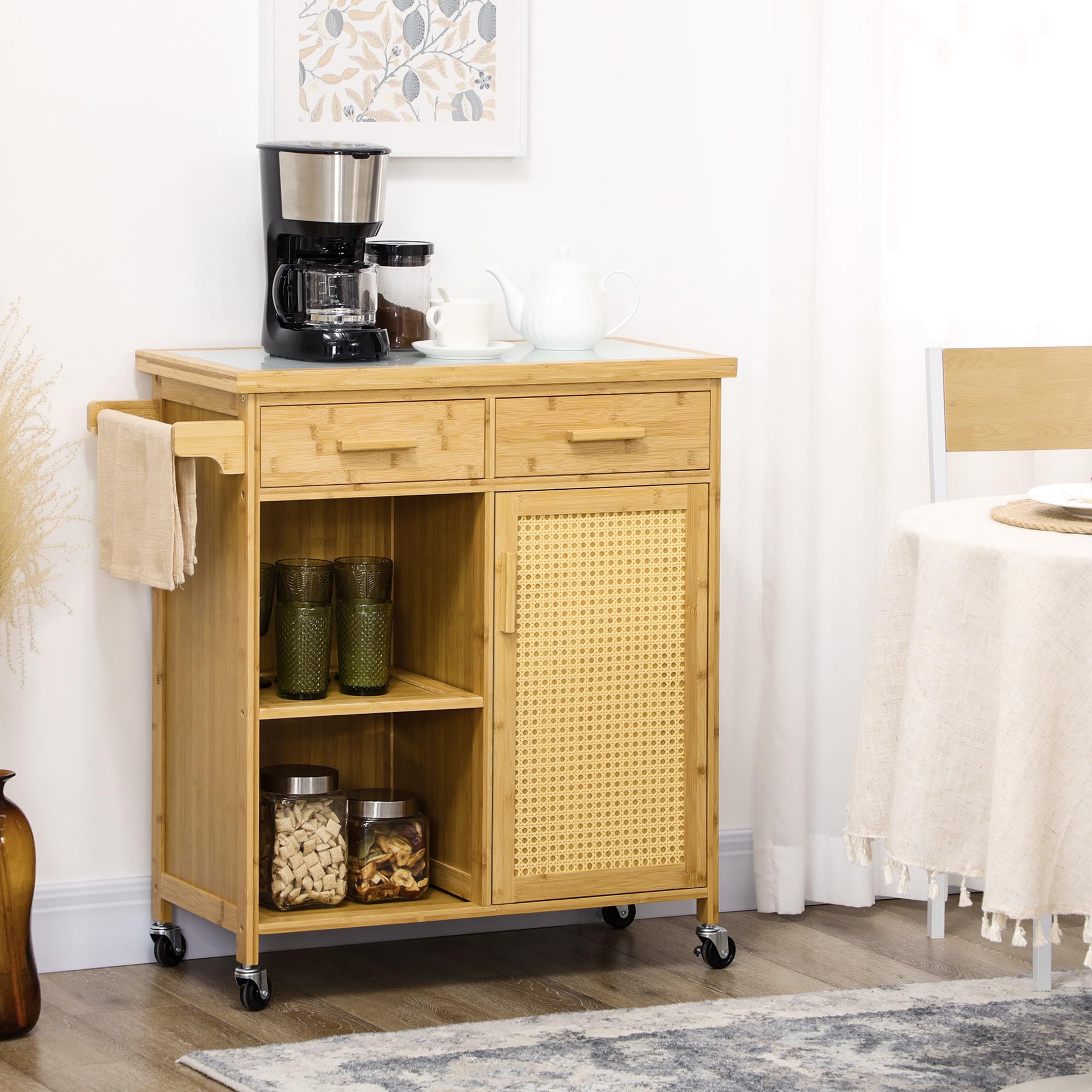 HOMCOM Küchenwagen Schublade Schrank Offene Ebenen 84 x 36 x 85 cm Natur
