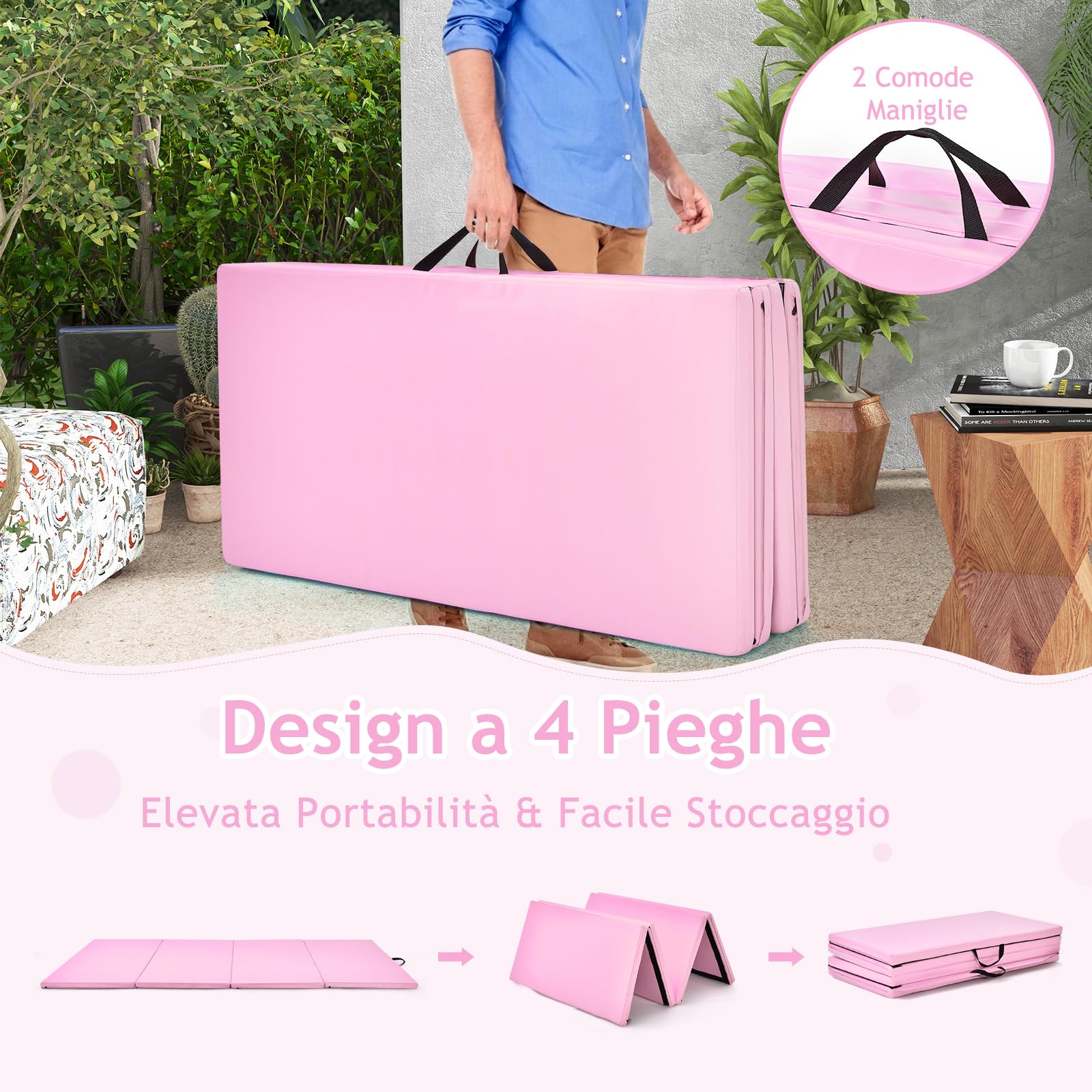 GYMAX Tappetino Fitness Yoga, 240x120x5 cm, 4 Segmenti Pieghevoli, Materassino da Ginnastica, Impermeabile in Schiuma PU, con Manici, Leggero e Portabile, Trasporto Facile