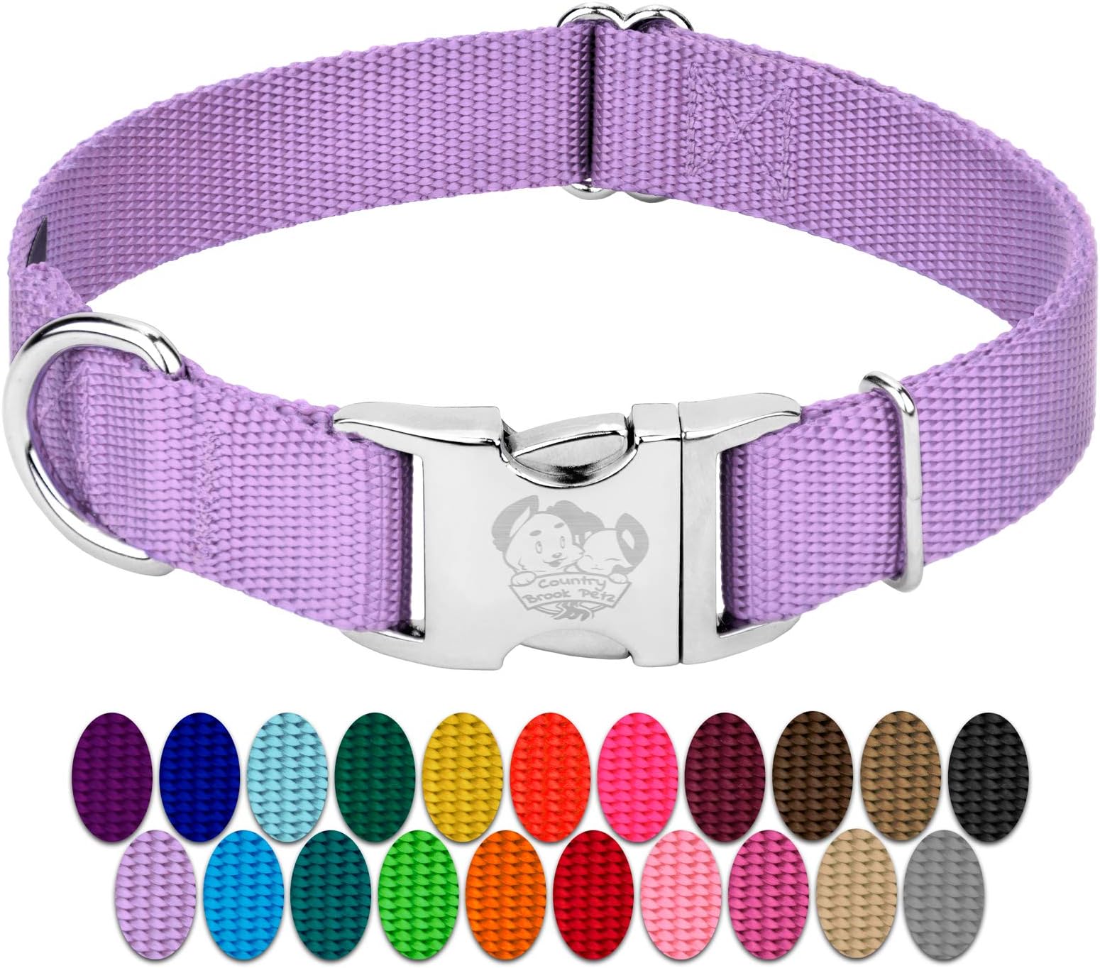 Country Brook Petz - Premium Nylon Dog Collar with Metal Buckle for Small Medium Large Breeds - 10+ Cool Colors (Large, 1 Inch, Lavender)