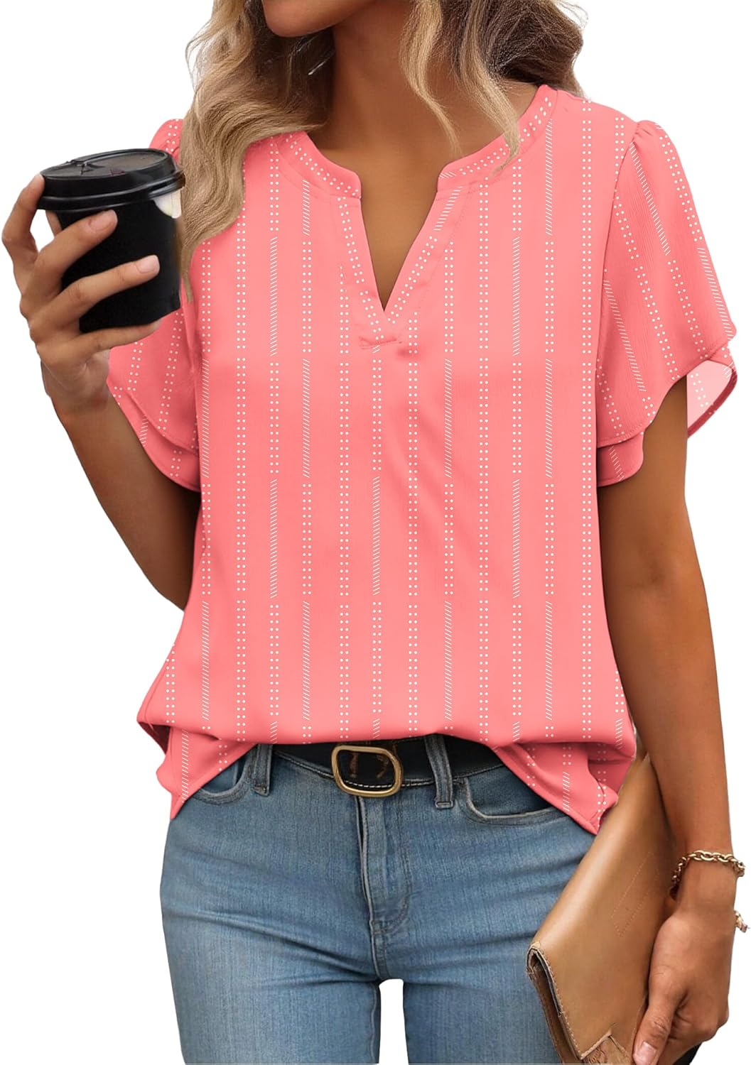 Zeagoo Womens Dressy Casual Shirts Short Sleeve V Neck Work Blouse Business Casual Summer Chiffon Tops